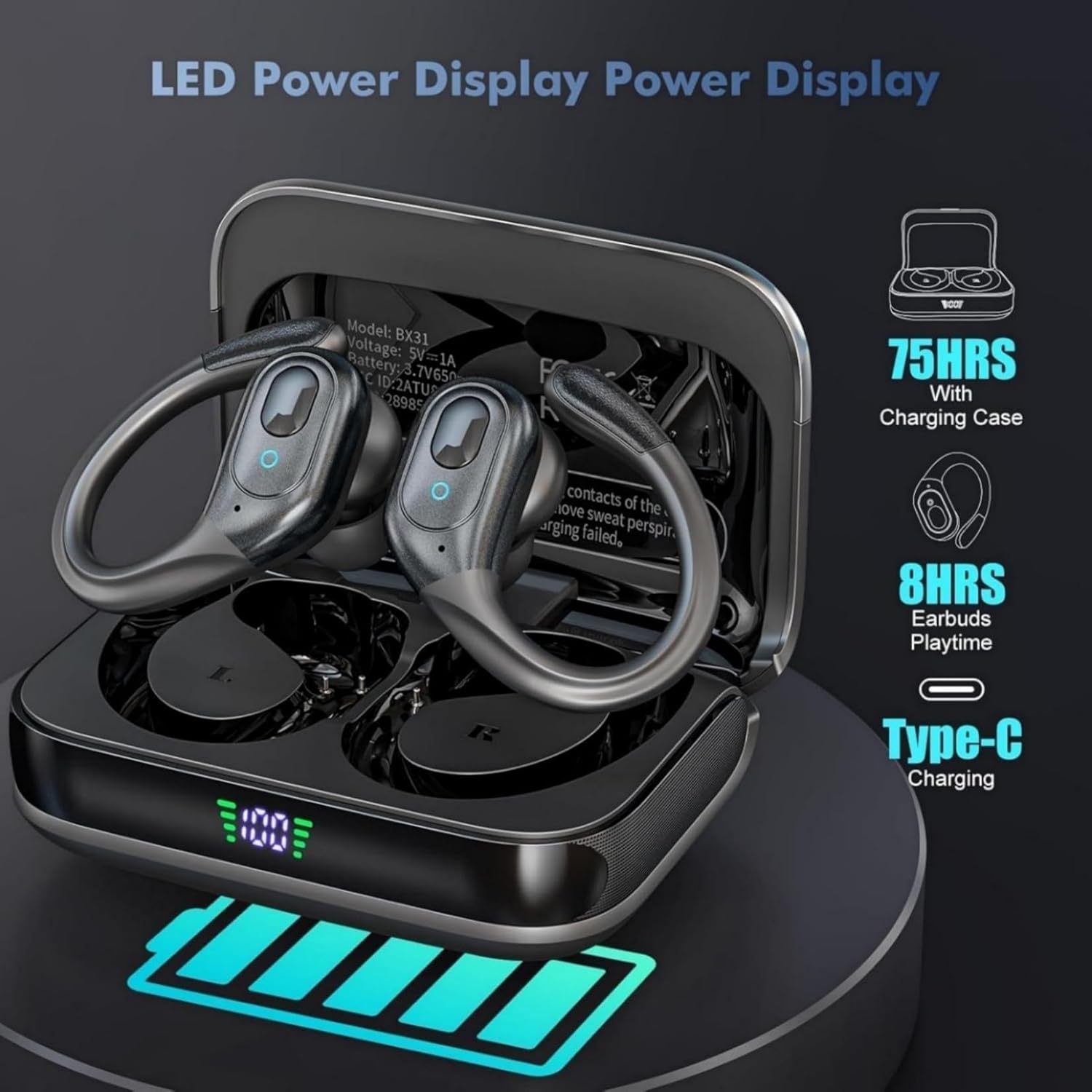 Wireless Earbuds with 75Hrs Playtime, Bluetooth 5.3 Sports Headphones, IP7 Waterproof Ear Hooks, LED Power Display - Image 2
