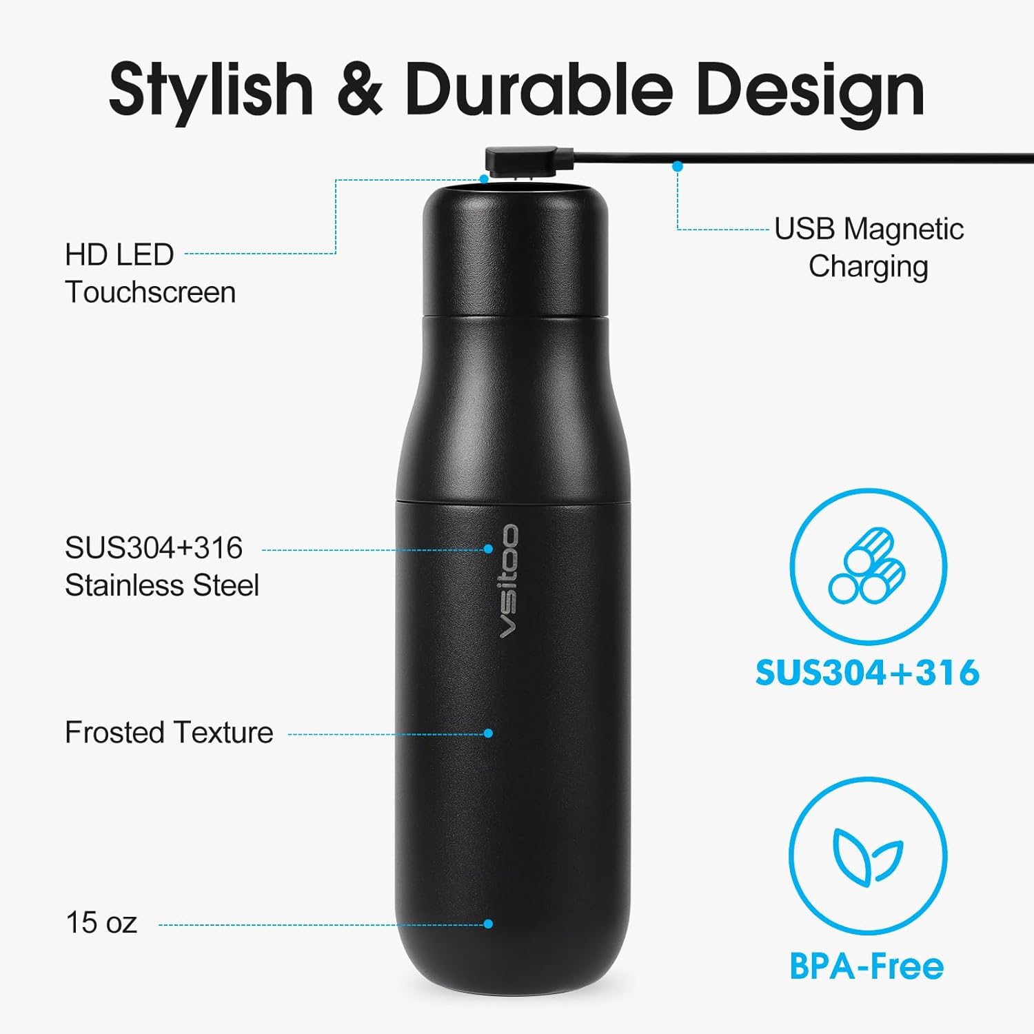 VSITOO 14.8oz Mini Smart Self-Cleaning Water Bottle,Small Insulated Stainless Steel Thermoses with AI Self-Clean, 30-Day Battery & Magnetic Charging for Travel, Gym, Office or Purse, Black - Image 5