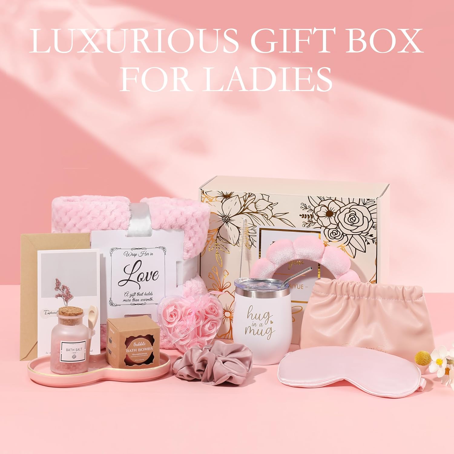 Pink 11pcs Self Care Gift Basket for Women Birthday Gifts Get Well Soon Care Package Hug in a Box Thinking of You Gift for Her Mom Sister Friend - Image 8