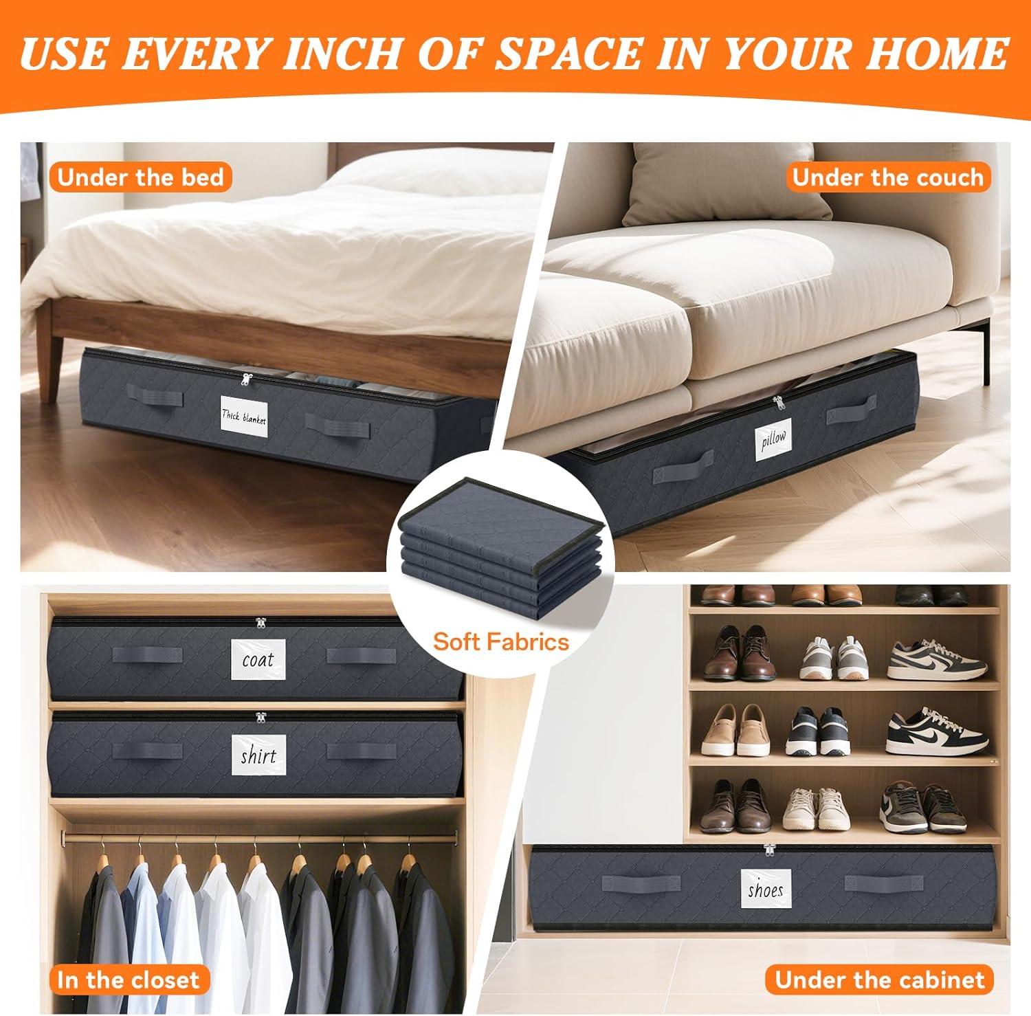 SpaceWhisper 90L Under Bed Storage Containers, 4-Pack Storage Bins with Clear Top, Foldable Closet Organizers and Storage with Label Holder for Clothing, Blankets, Comforter & Pillows (Grey) - Image 7