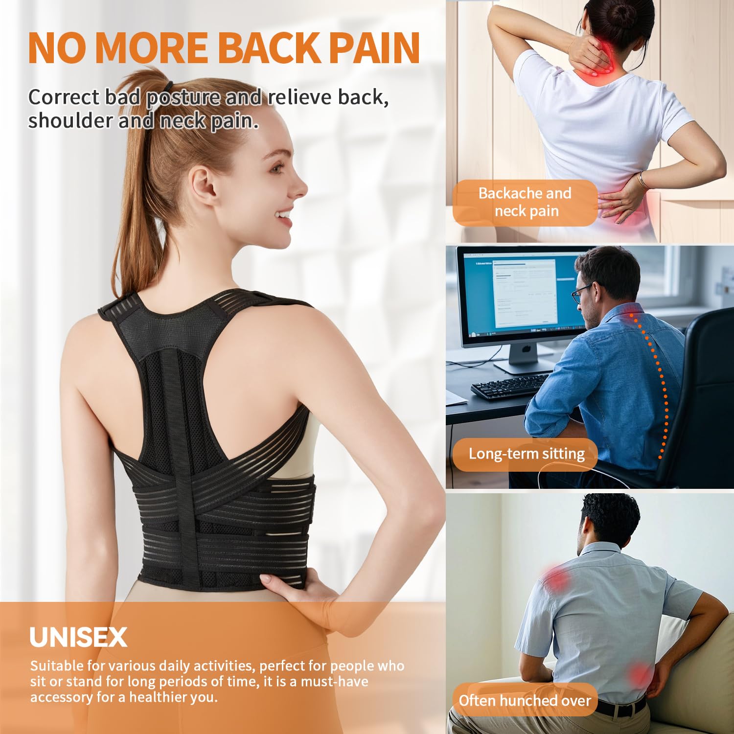 Posture Corrector for Women and Men, Back Support Brace for Neck Shoulder & Upper and Lower Back Pain Relief, Invisible Adjustable Lightweight Posture Corrector Under Clothes(Black, Medium) - Image 2