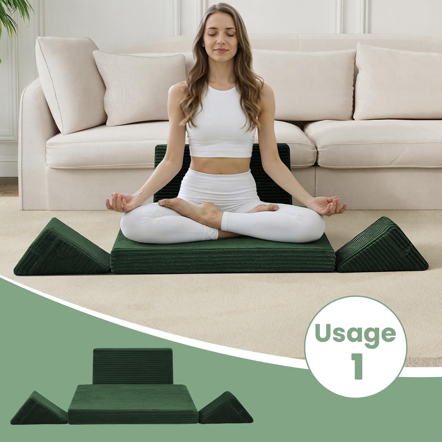Meditation Cushion, Meditation Pillow for Sitting on Floor, Large Yoga Zabuton Pillows Washable, Zafu Set with 2 Knee Supports, 3 Shapes for Comfortable Sitting, Green - Image 2