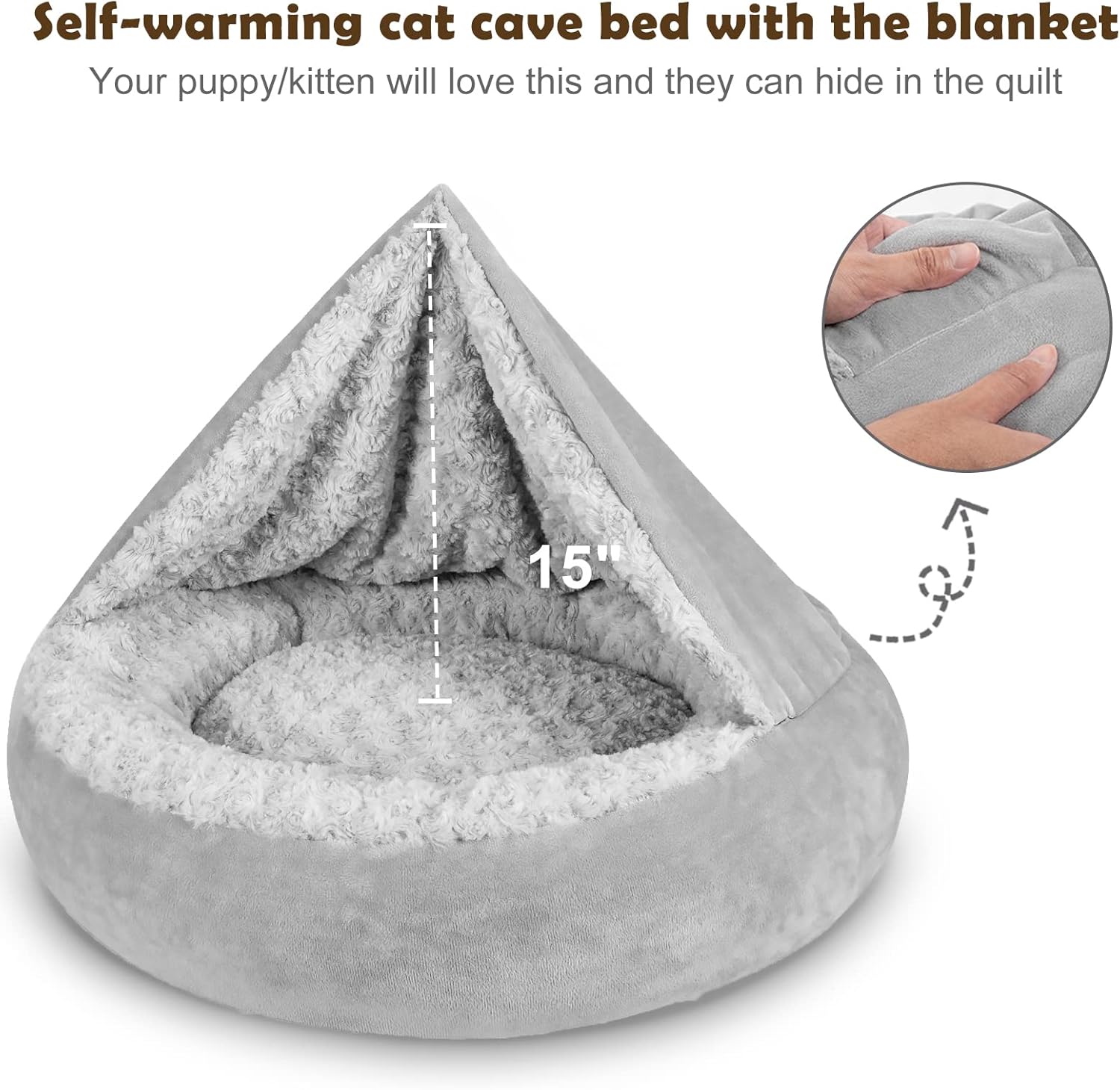 JOEJOY Small Dog Bed Cat Bed with Hooded Blanket, Cozy Cuddler Luxury Puppy Pet Bed, Donut Round Calming Anti-Anxiety Dog Burrow Cave Bed - Anti-Slip Bottom and Machine Washable 23 inch - Image 5