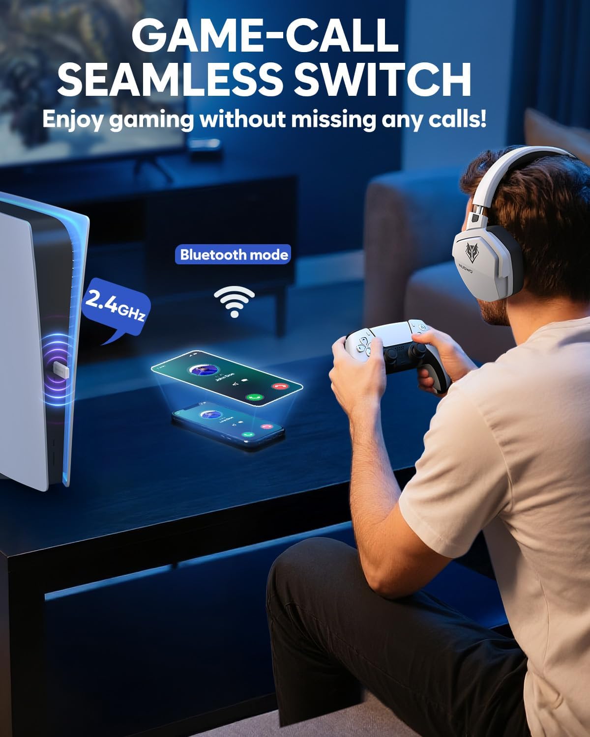 NUBWO Wireless Gaming Headset with Mic for Ps5 Ps4 PC, Zero Interference, 100-Hour Battery All-Day Play, 23ms Sync for Fortnite & Call of Duty/FPS Gamers, Triple Mode All Devices Compatible - White - Image 4