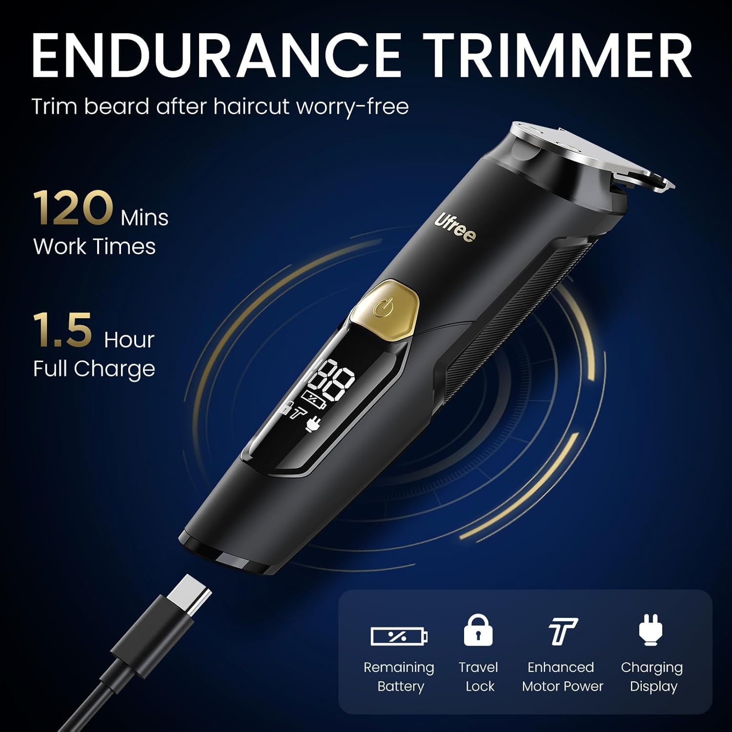 Ufree 3-in-1 Beard Trimmer for Men, Valentine Gifts for Men, IPX6 Waterproof Men's Electric Razor Shaver for Mustache, Professional Hair Trimmer Clippers, Type-C Body Grooming Kit - Image 7