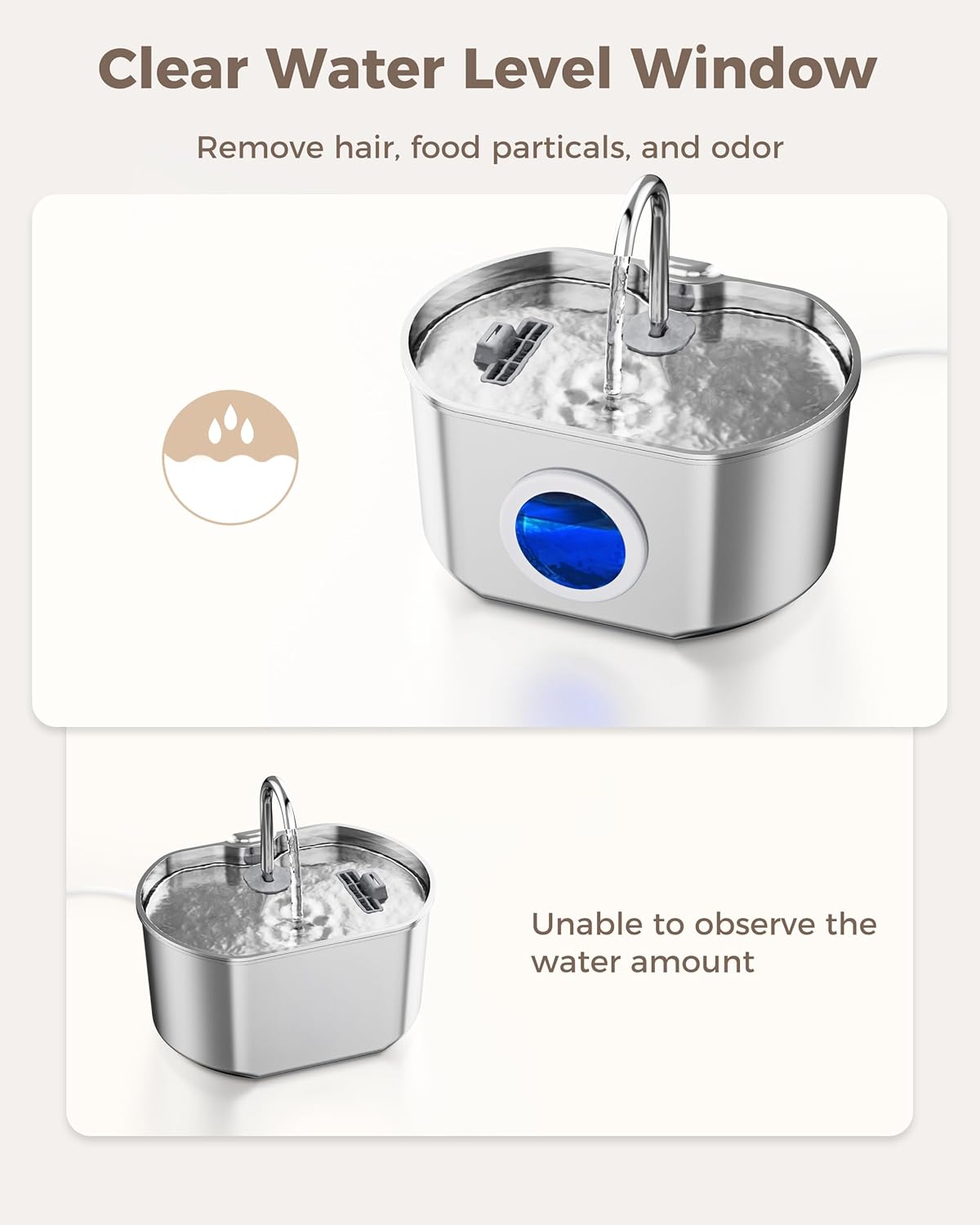 Cat Water Fountain Stainless Steel: 74oz/2.2L Cat Fountain for Drinking- Pet Water Fountain Inside - Automatic Dog Watering Dispenser Bowl - Pet Feeding & Watering Supplies - Water Level Window - Image 6