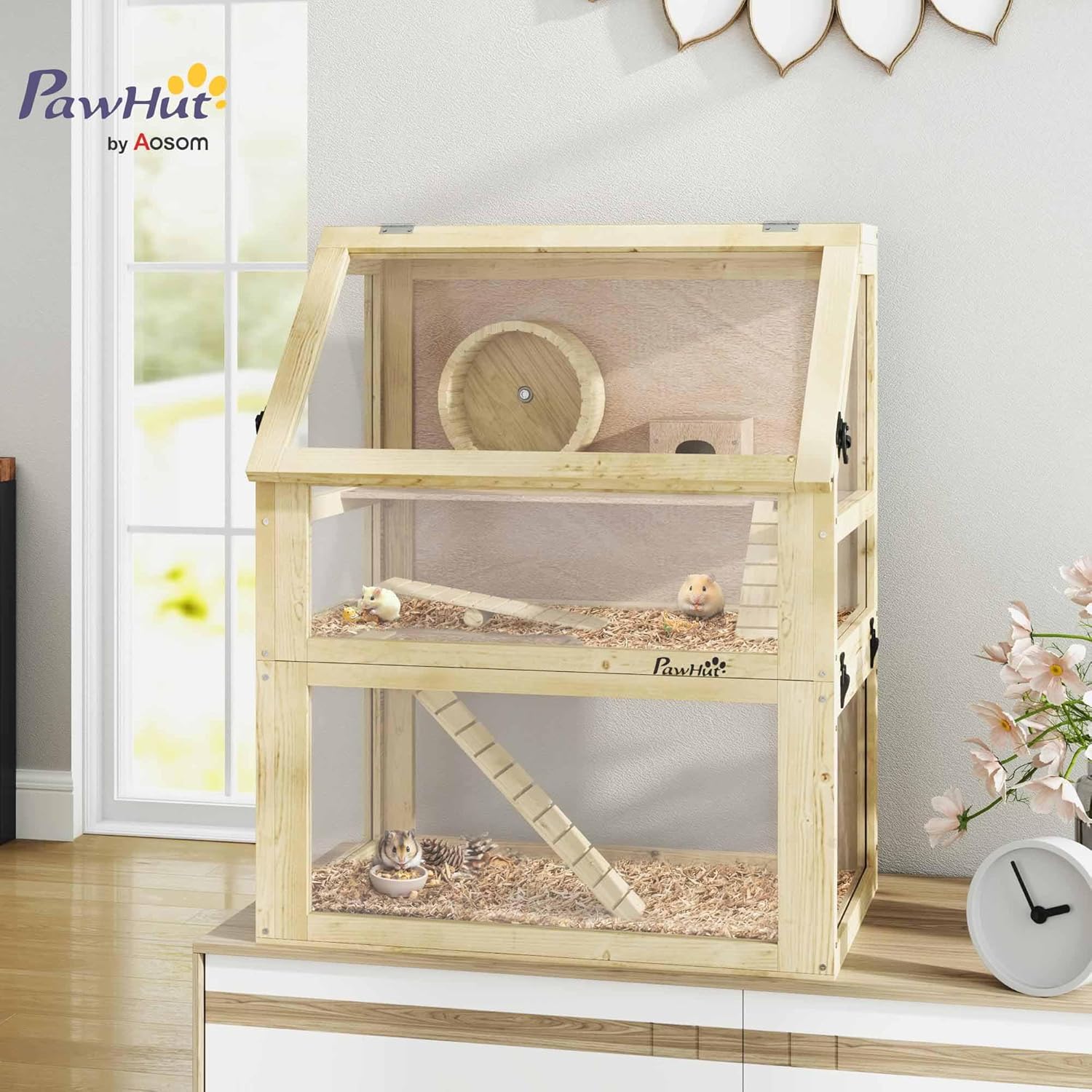 PawHut Wooden Hamster Cage, 3 Tier Small Animal Cage with Detachable 12.6" Deep Bottom, Hut, Seesaw, Exercise Wheel, Ramps, Hamster Habitat for Dwarf, Gerbil, 24" x 16" x 29.5" - Image 2