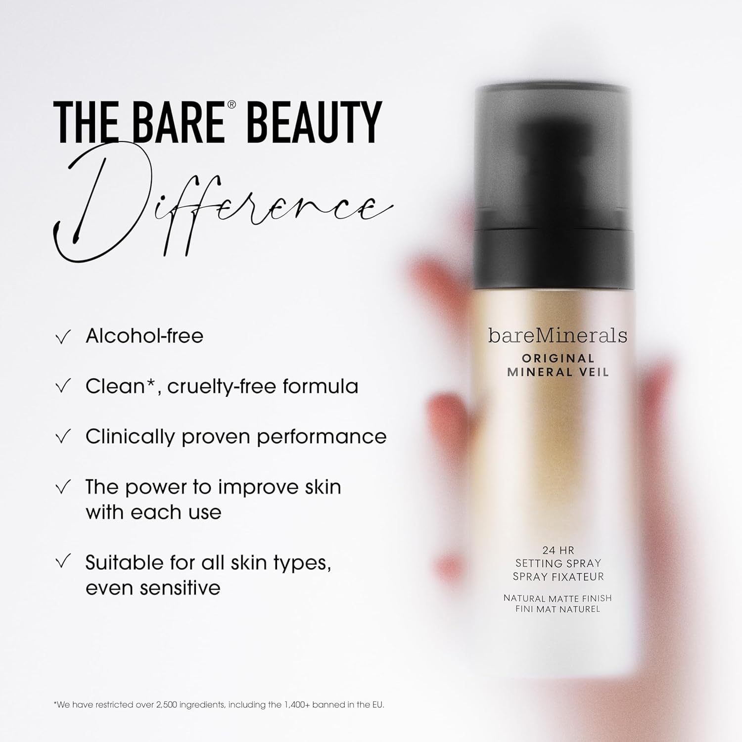 bareMinerals Original Mineral Veil Natural Matte Setting Spray, 24HR Makeup Lock & Oil Control, Alcohol-Free, Sweat & Transfer-Proof, Ultra-Fine Mist for Smooth, Matte Finish - Image 4