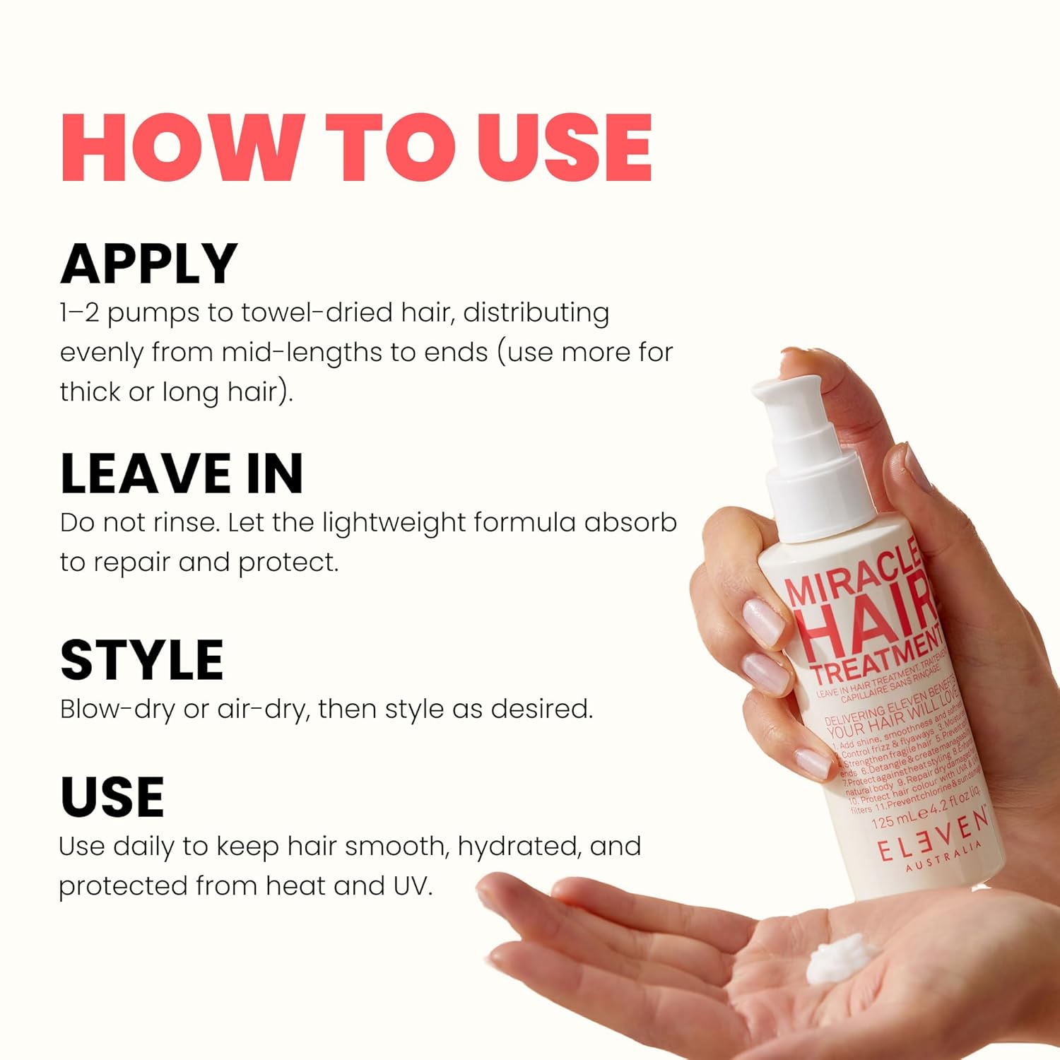 ELEVEN AUSTRALIA Miracle Leave In Conditioner Hair Treatment - Curly & Straight Hair Care Products for Women & Men, Heat Protection & Detangler, Frizz Control, Repairs Dryness, Moisturizing-4.2 fl oz - Image 5