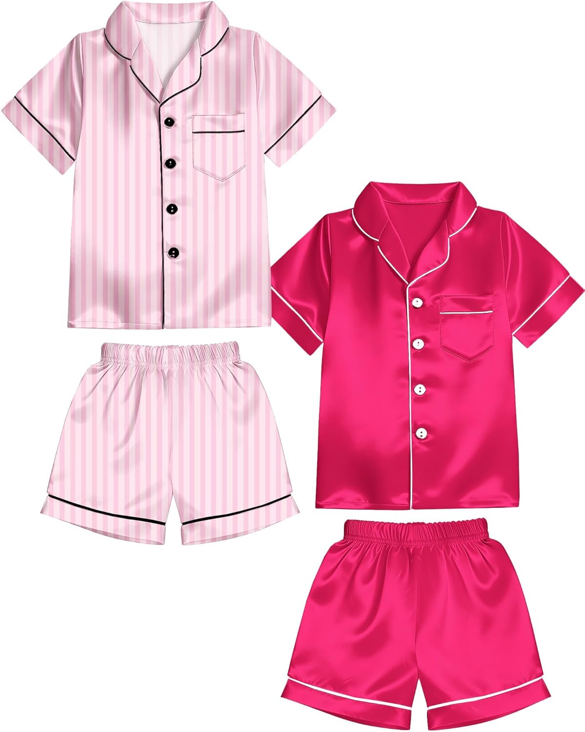 Girls Pajamas Silky Sets 2 Packs, Soft Satin Boys Kids Summer Pjs, Short Sleeve Button Down for Birthday Gift, 5Y-14Y