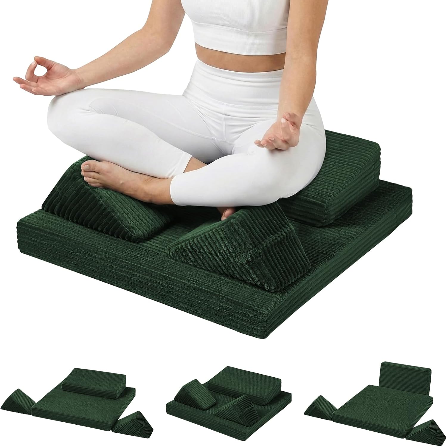 Meditation Cushion, Meditation Pillow for Sitting on Floor, Large Yoga Zabuton Pillows Washable, Zafu Set with 2 Knee Supports, 3 Shapes for Comfortable Sitting, Green