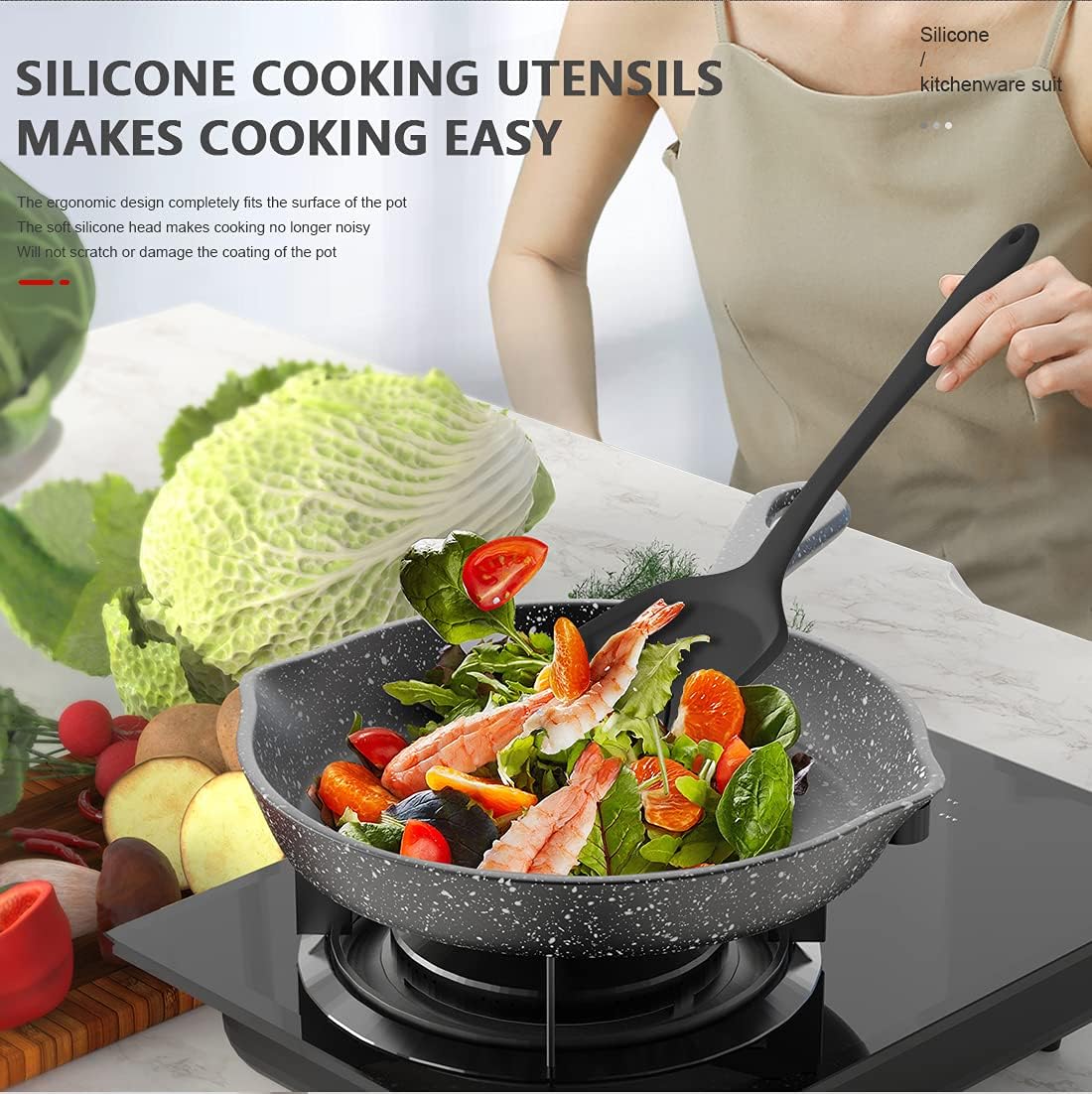 AOTHOD Silicone Cooking Utensils Set - 446°F Heat Resistant Kitchen Utensils,Turner Tongs,Spatula,Spoon,Brush,Whisk,Kitchen Utensil Gadgets Tools Set for Nonstick Cookware,Dishwasher Safe (BPA Free) - Image 7