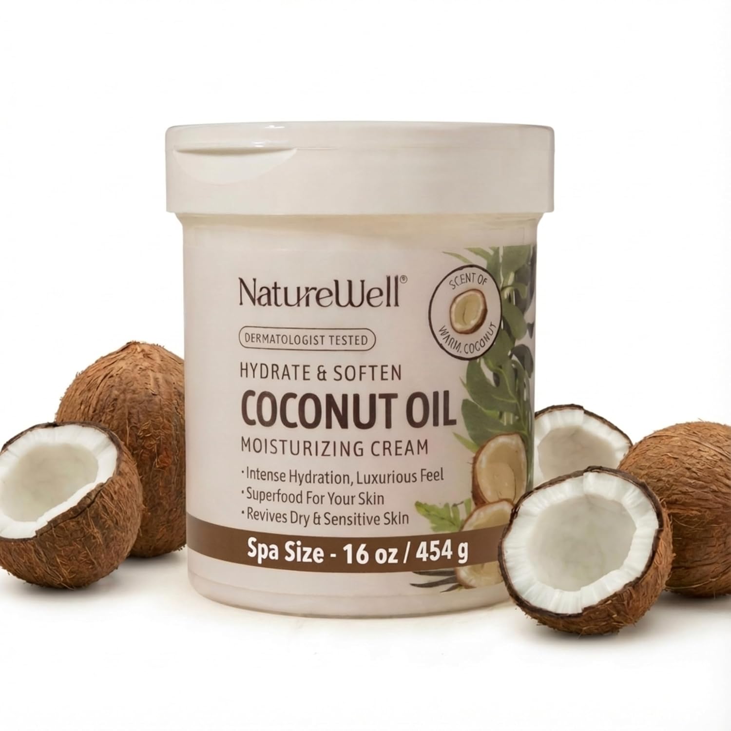 NATURE WELL Coconut Oil Moisturizing Cream for Dry Skin – Deep Hydration Lotion for Face, Body & Hands, Spa Quality Skincare, Softens & Smooths, Non-Greasy, Fast Absorbing, Vitamins A C E, 16 Oz