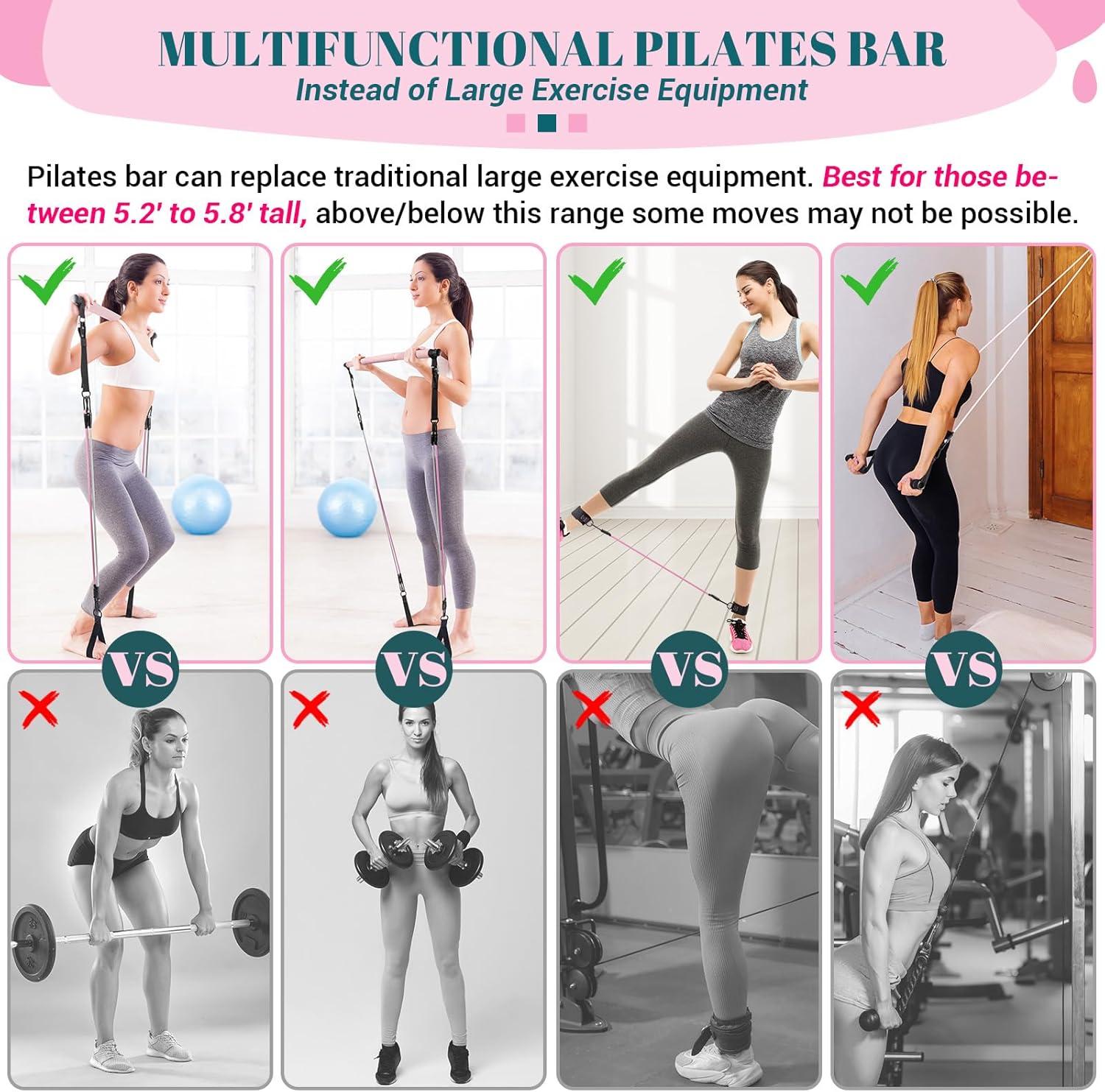 Pilates Bar Kit with Resistance Bands, Multifunctional Yoga Pilates Bar with Heavy-Duty Metal Adjustment Buckle, Portable Home Gym Pilates Resistance Bar Kit for Women Full Body Workouts - Image 4