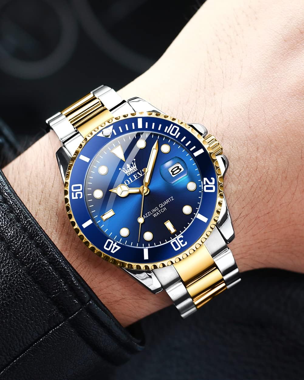 OLEVS Men's Watches with Date, Premium Gold and Silver Stainless Steel Analog Watches for Men, Classic Rotatable Bezel Men's Cuff Watches, Blue/Green/Black Dial - Image 2