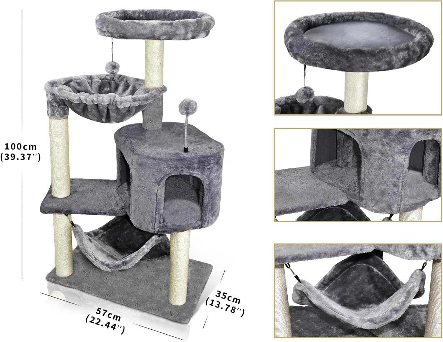 YUNIQUE Cat Tree with Cat Condo and Big Hammock, Grey - Image 3