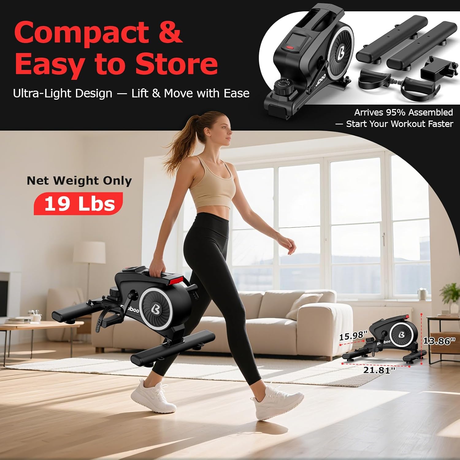 pooboo Under Desk Bike Pedal Exerciser, Quiet Magnetic Mini Exercise Bike with 16 Resistance Levels, Arm & Leg Workout, Resistance Bands & Non-Slip Mat for Home Office Therapy - Image 7