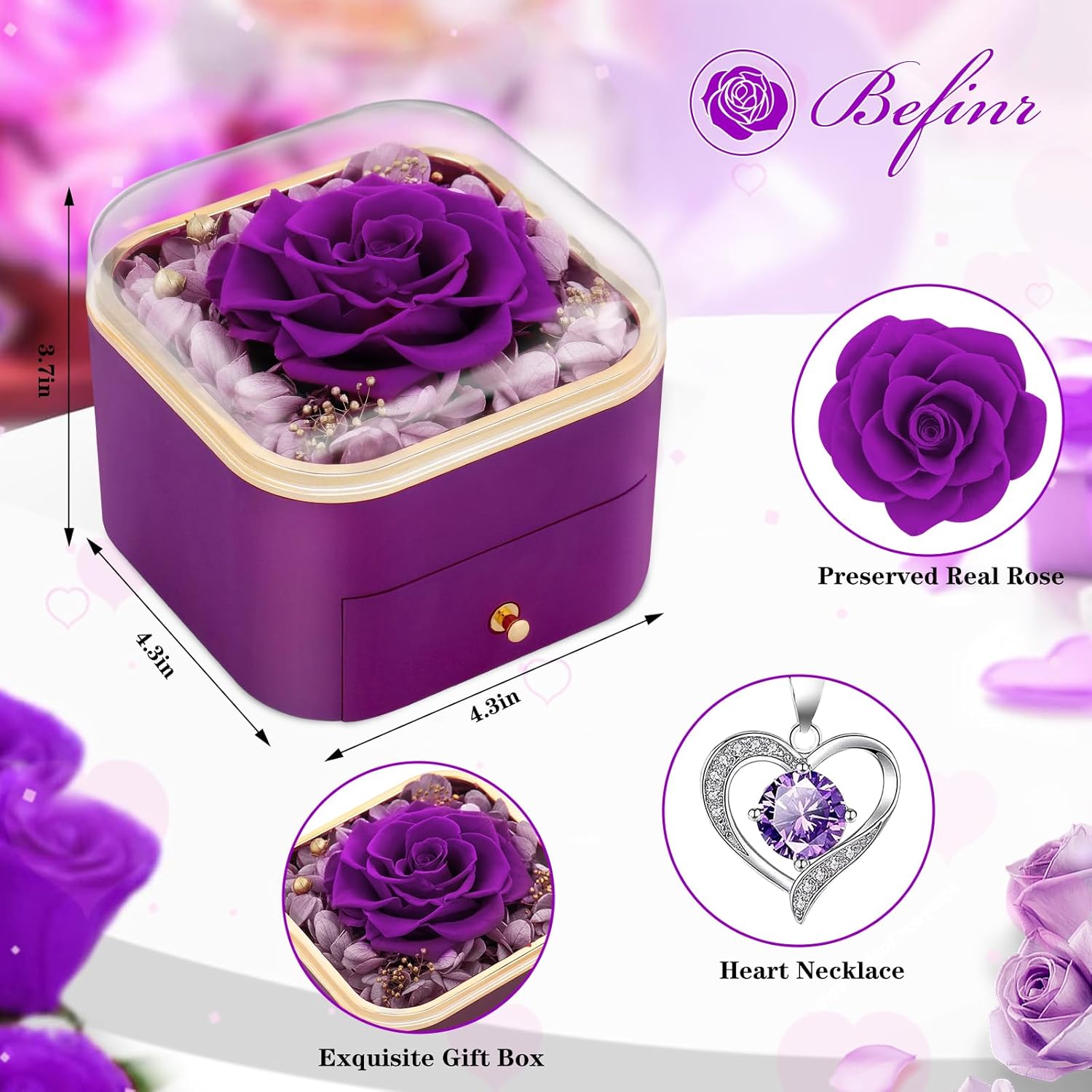 Beferr Gifts for Mom Preserved Real Rose with Necklace Eternal Roses Fresh Flowers for Delivery Prime Birthday Anniversary Purple Gifts for Women Mothers Grandma Wife Daughter Girlfriend Sister - Image 2