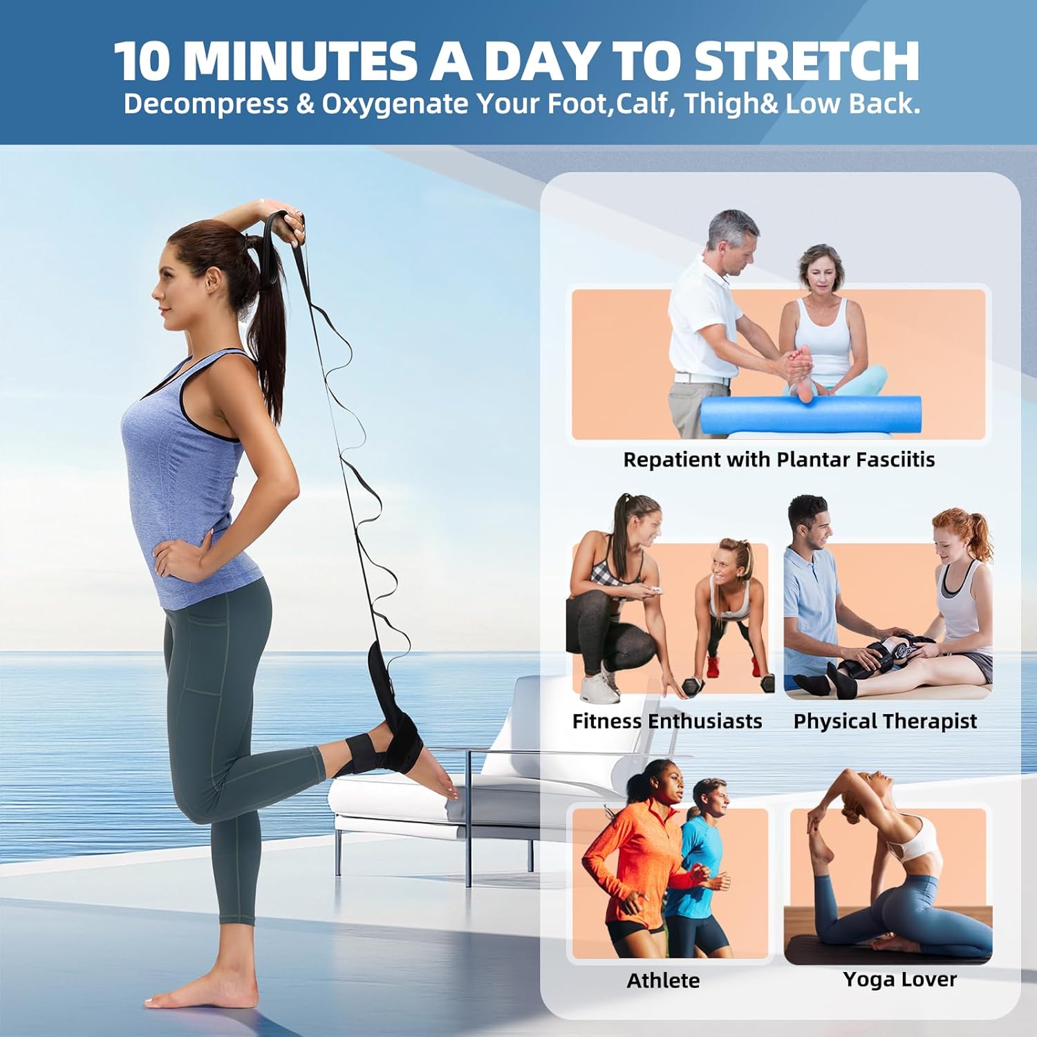 Foot and Calf Stretcher-Stretching Strap For Plantar Fasciitis, Heel Spurs, Foot Drop, Achilles Tendonitis & Hamstring. Yoga Foot & Leg Stretch Strap. (Black) - Image 3