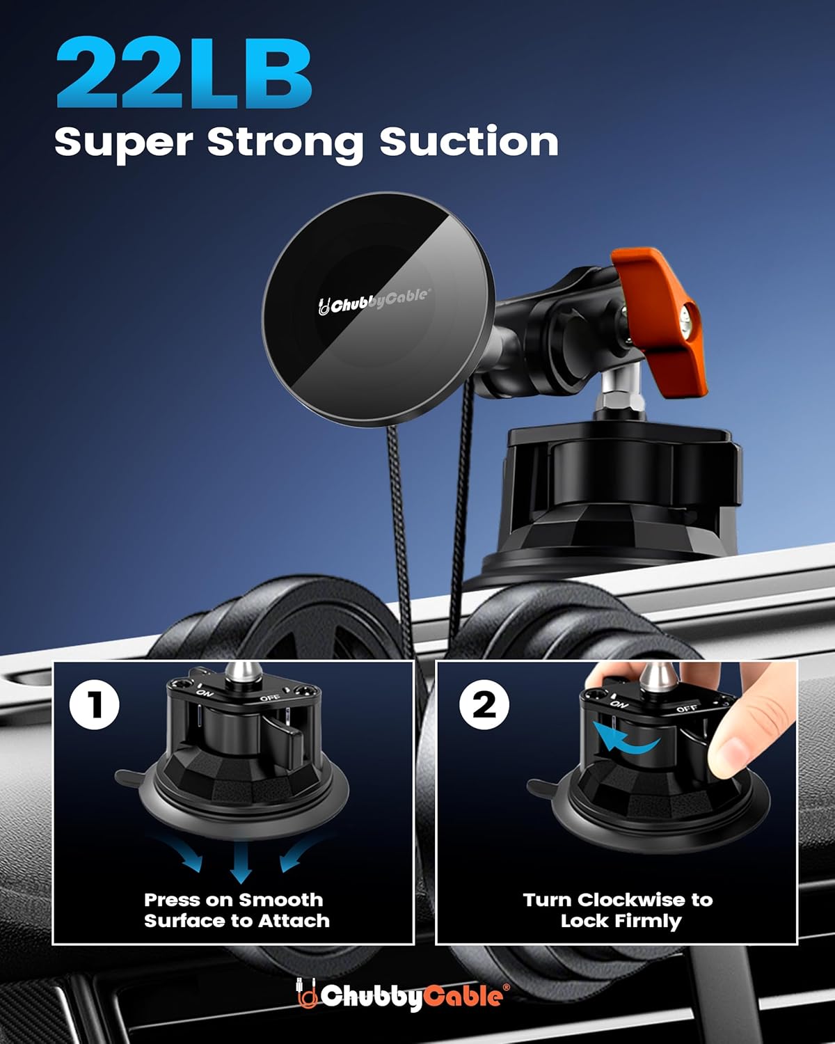 chubbycable ChubbyGrip Pro Dash Mount Vacuum Magnetic Phone Holders for Your Car 360° Rotation Suction Cup Phone Mount for Windshield, Magnetic, Orange - Image 3
