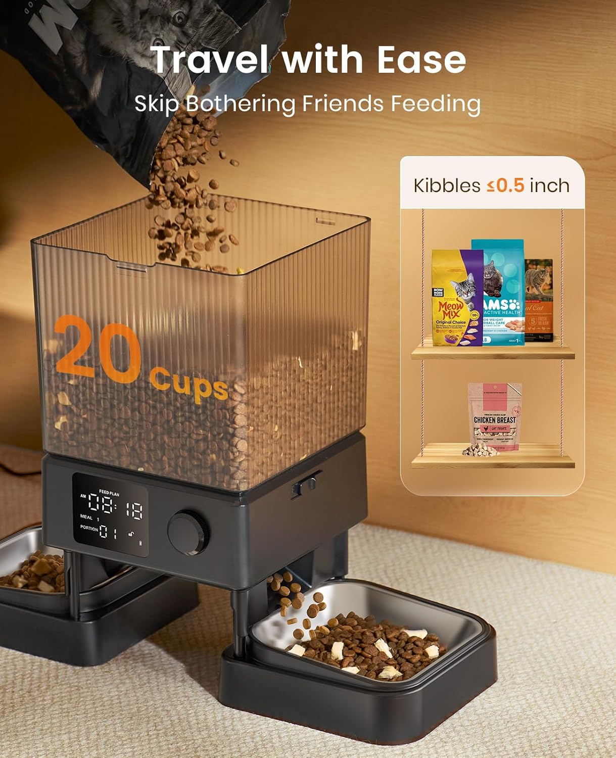 oneisall Automatic Cat Feeder for 2 Cats, 20 Cups/5L Automatic Cat Food Dispenser for Small Pets Indoor, Timed Cat Feeder for Dry Food - Image 4