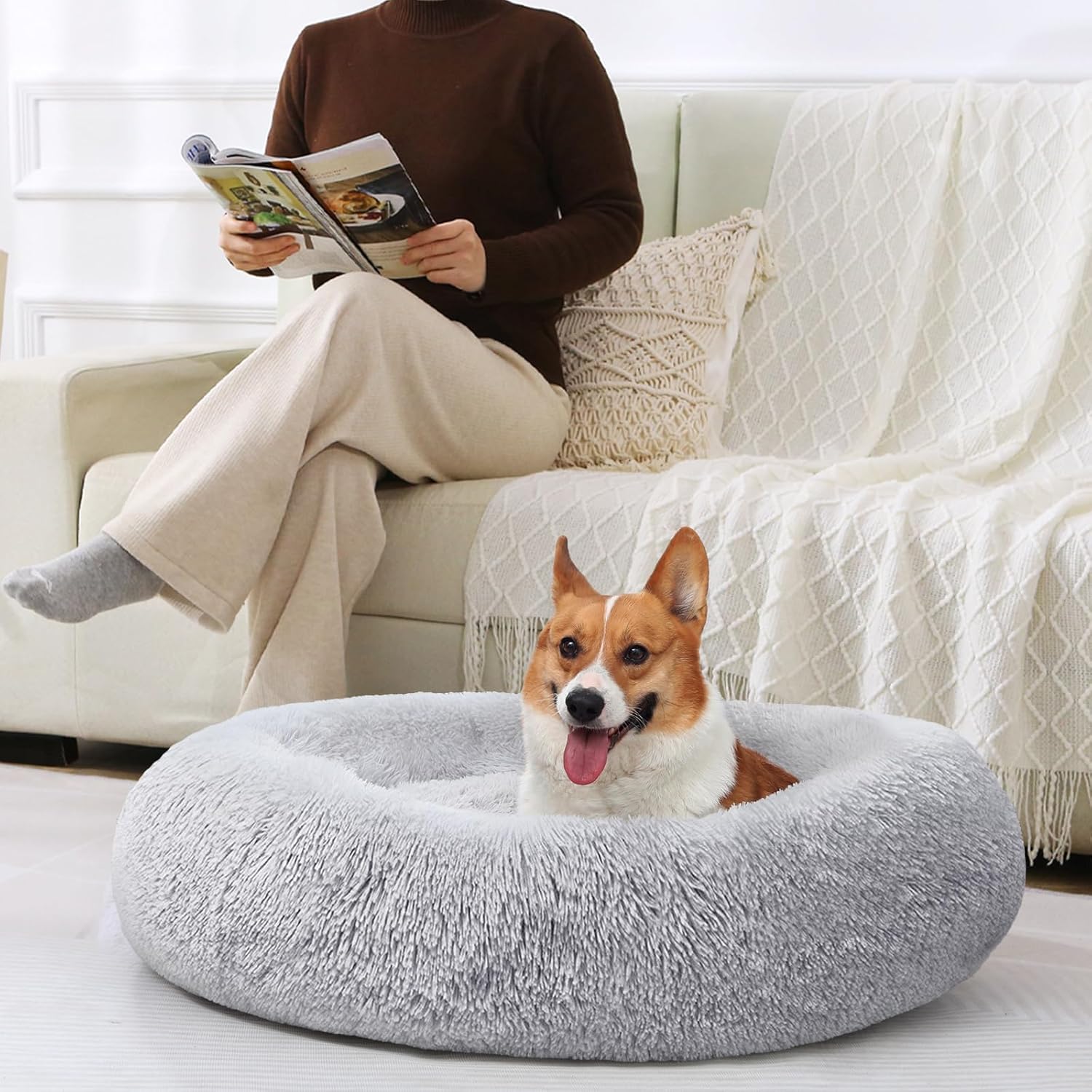 JOLLYVOGUE Small Dog Bed, Calming Soft Anti-Anxiety Donut Cat Bed, Washable Round Fluffy Cushion for Small and Medium Pets (20") - Image 8