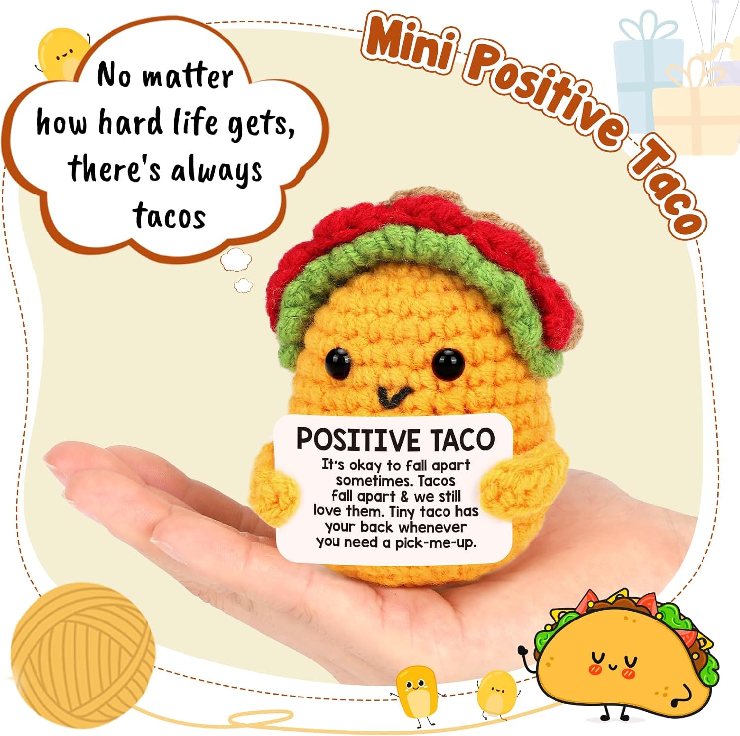 LuoHere Positive Crochet Taco Birthday Gifts for Women Men Easter Basket Stuffers Essentials Adult Kids Son Mom Dad Daughter Sister Friend Coworkers Self Care Emotional Inspirational Support - Image 6