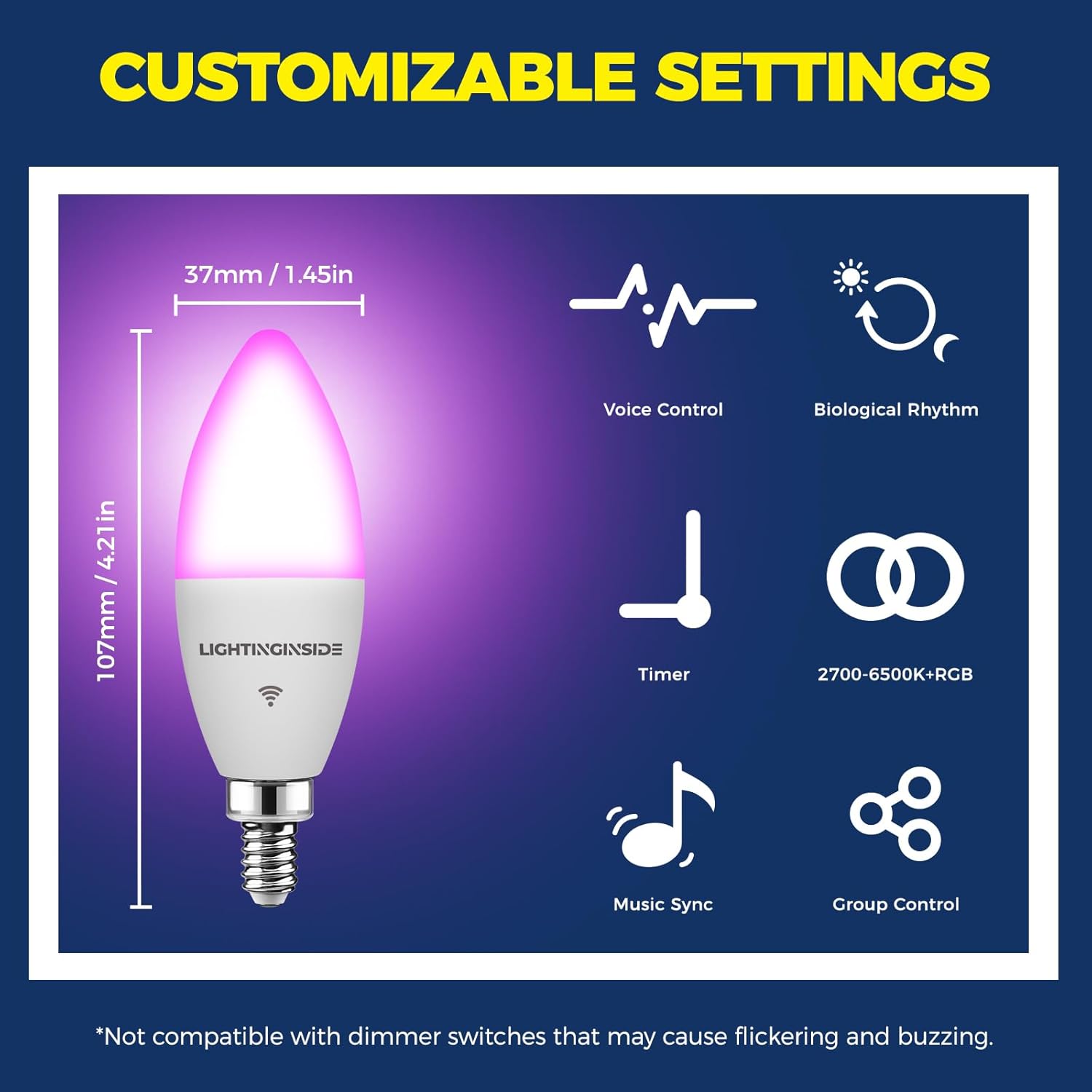 Lightinginside E12 Smart Light Bulbs 60W Equiv., Work with Alexa/Google Home/SmartLife, 500LM 6W RGBCW Candle Candelabra LED Light Bulbs, No Hub Required, 2.4G WiFi Bluetooth Bulb, ETL Listed, 4PCS - Image 3