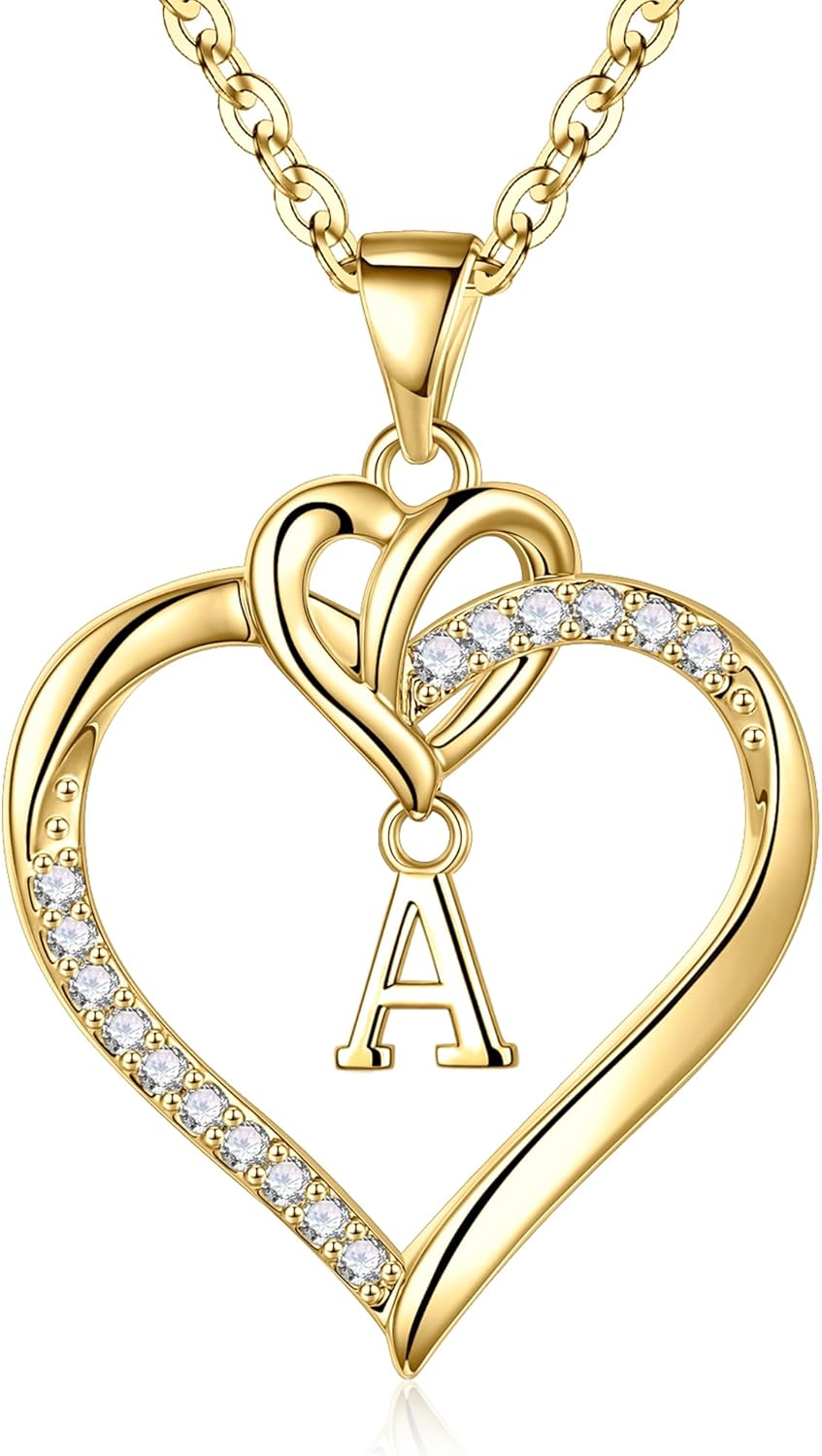 STORUP Easter Basket Stuffers - Easter Gifts for Women Teen Girls, Heart Initial Necklaces for Women Girls, 14K-Gold-Plated Initial A-Z Heart Necklaces for Teen Girl Jewelry Gifts for Her Mom Wife