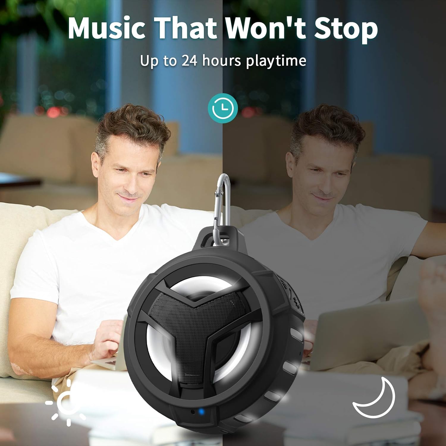 EBODA Bluetooth Shower Speaker, Portable Bluetooth Speakers, IP67 Waterproof Wireless Speaker with LED Light, Floating, 2000mAh, True Wireless Stereo for Kayak, Beach, Gifts for unisex -Black - Image 7