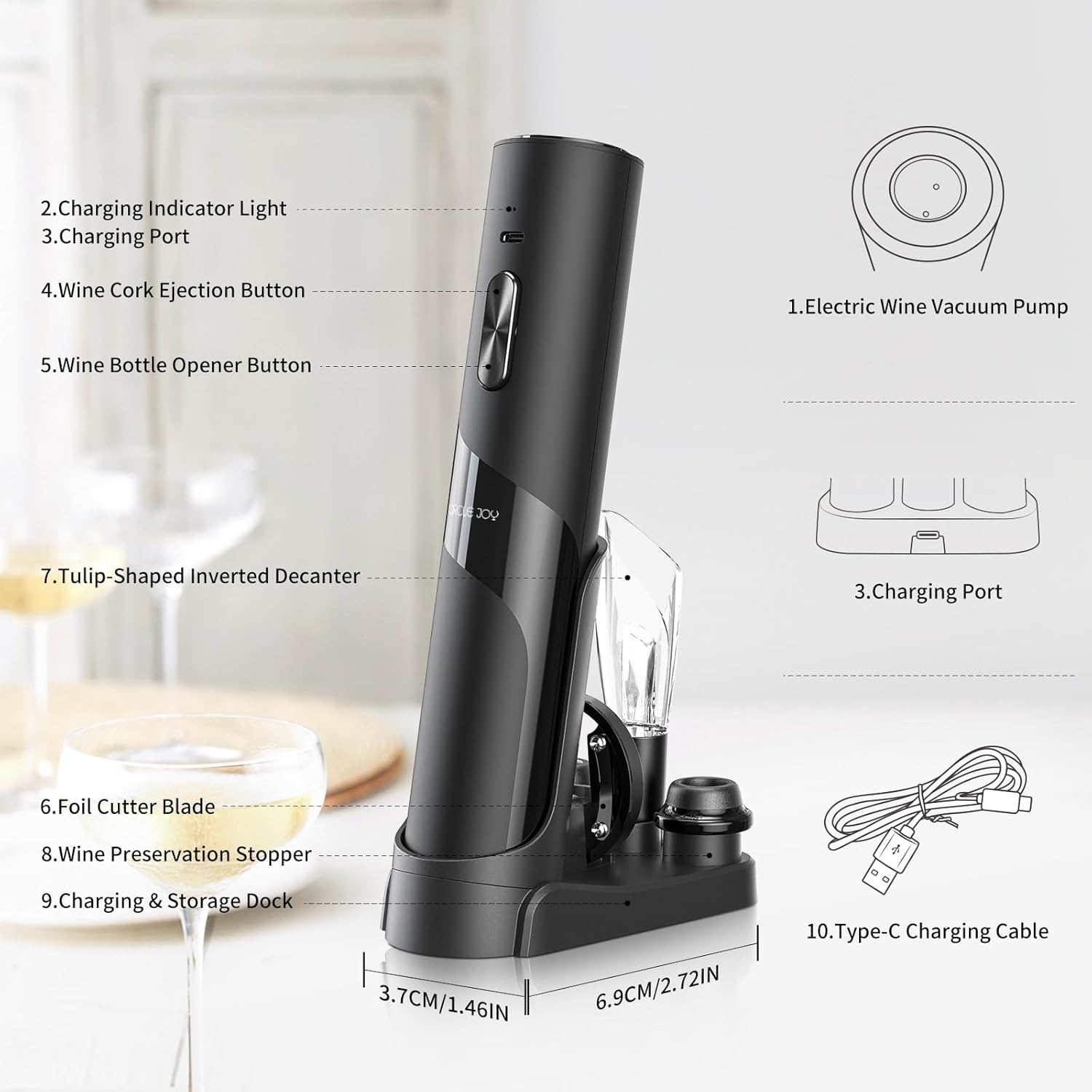 CIRCLE JOY Rechargeable Wine Opener Electric Wine Bottle Opener 7-in-1 Wine Gift Set with Electric Vacuum Pump, Charging Station, Foil Cutter, Wine Aerator Pourer and 2 Wine Stoppers - Image 2