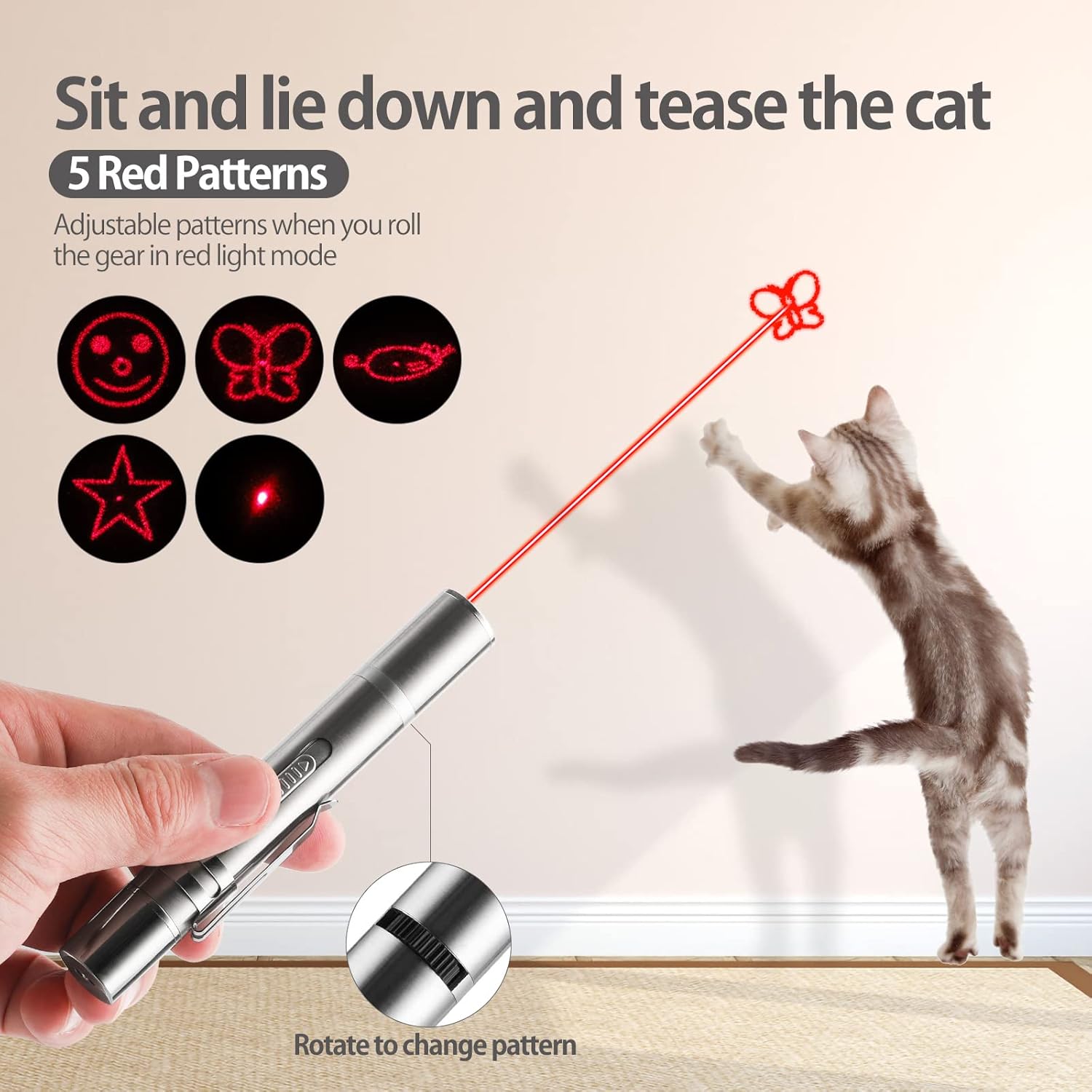 Laser Pointer Cat Toy, Interactive Toy with Red Dot LED Light Pointer, Long Range 3 Modes Projection Playpen for Kitten Interaction,USB Recharge Pointer (1 pcs) - Image 3