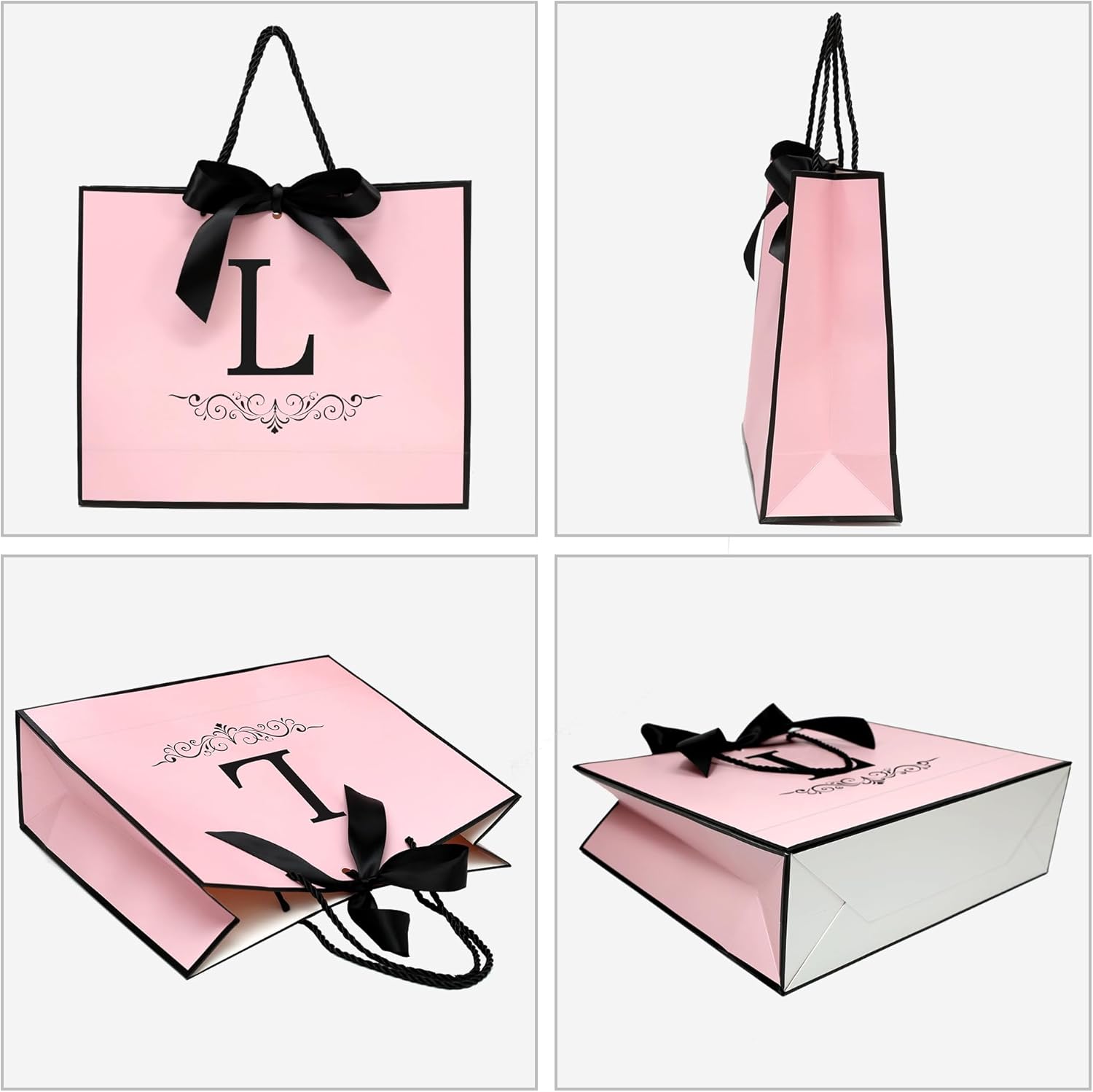 KeerxunBag Personalized Gift Bag, featuring the letter L logo - A pink paper gift bag with a letter pattern, accompanied by a ribbon bow, matching thin paper, and a greeting card set. - Image 5