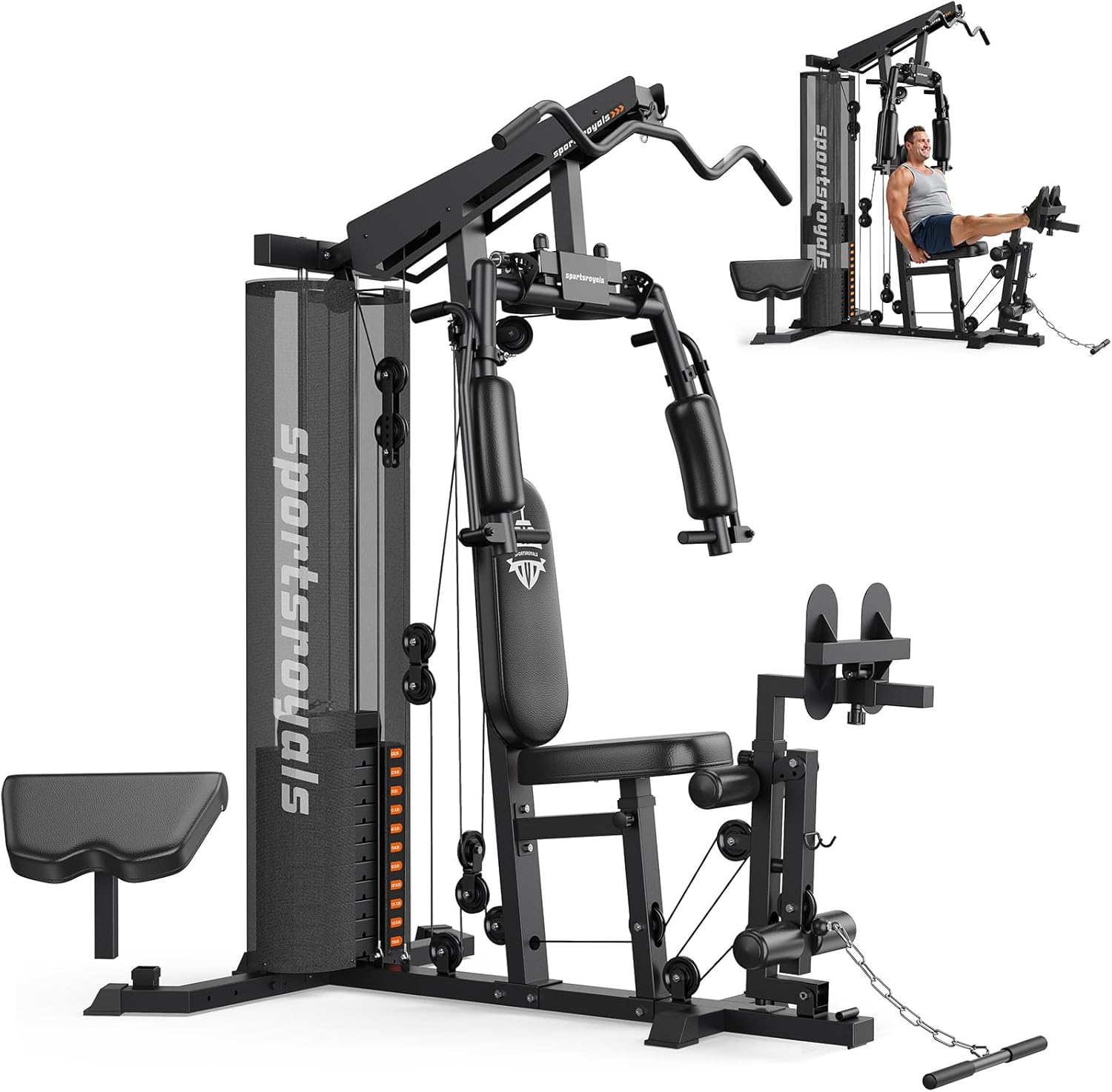 Sportsroyals Home Gym, Multifuntional Workout Station with 150LBS Weight Stack, Full Body Workout Equipment for Home Exercise Fitness