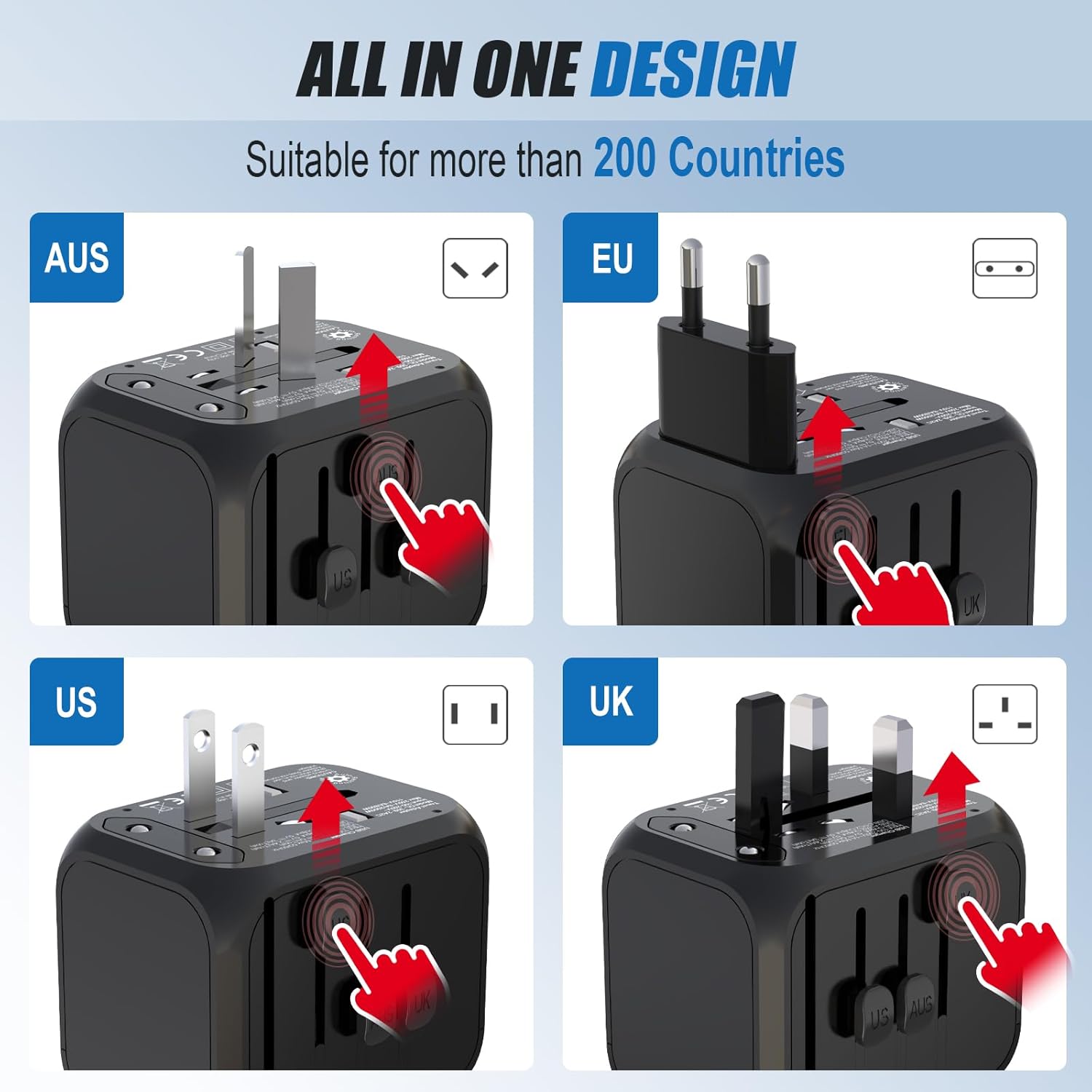 GLAMFIELDS Universal Travel Adapter Worldwide All in One International Wall Charger AC Plug Adaptor with 2 USB-C and 2 USB-A Ports for 200+ Countries 100V-250V (EU UK USA AU Plug) Black - Image 2
