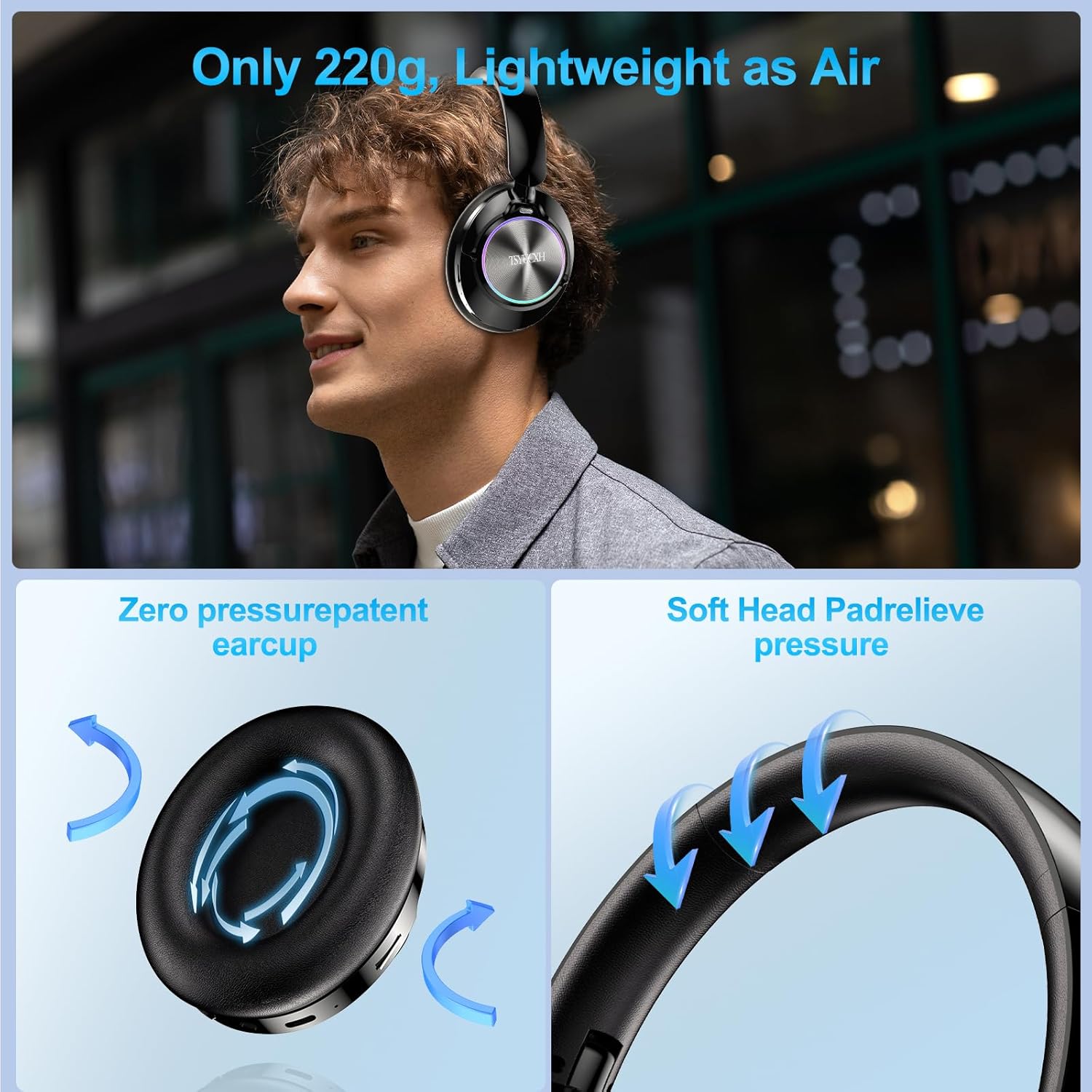 Noise Cancelling Over Ear Wireless Bluetooth Headphones with Microphone, 65h Playtime, Clear Calls, Comfort Fit for Travel (Black) - Image 4