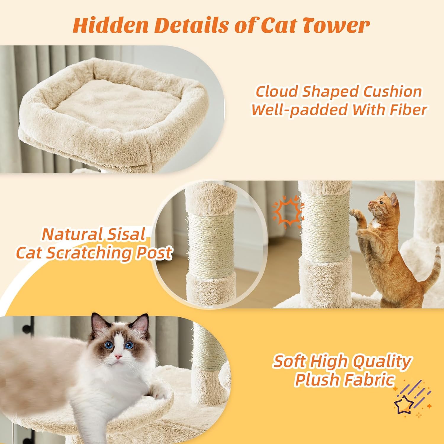 Sweetcrispy 44 Inch Cat Tree Tower, Cat Climbing Tower with Natural Sisal Scratching Posts, Hammock, Pet Condo for Indoor Cats and Kittens Play, Beige - Image 5