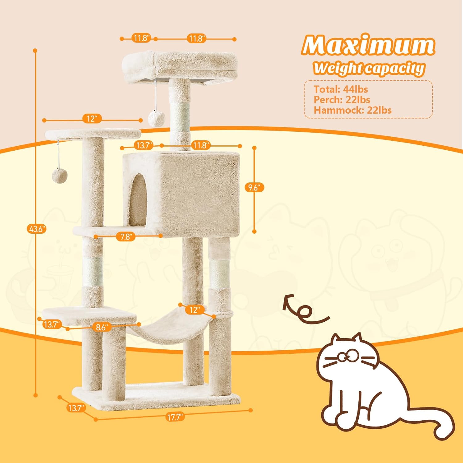 Sweetcrispy 44 Inch Cat Tree Tower, Cat Climbing Tower with Natural Sisal Scratching Posts, Hammock, Pet Condo for Indoor Cats and Kittens Play, Beige - Image 6