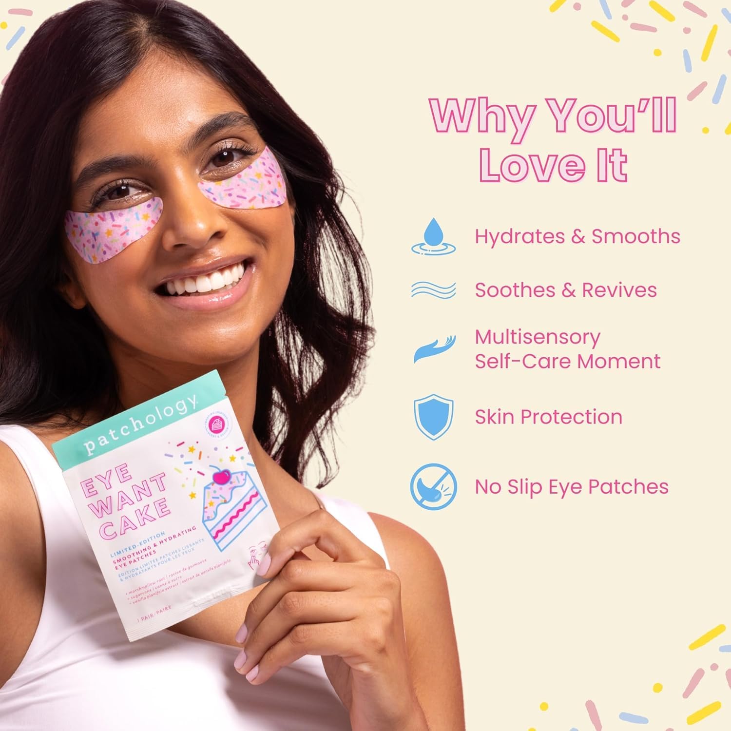 Patchology Eye Want Cake Hydrating & Smoothing Eye Patches – Under Eye Masks for Puffy Eyes, Dark Circles, and Fine Lines – Birthday Cake Inspired Self-Care Essentials, 5-Pack - Image 5