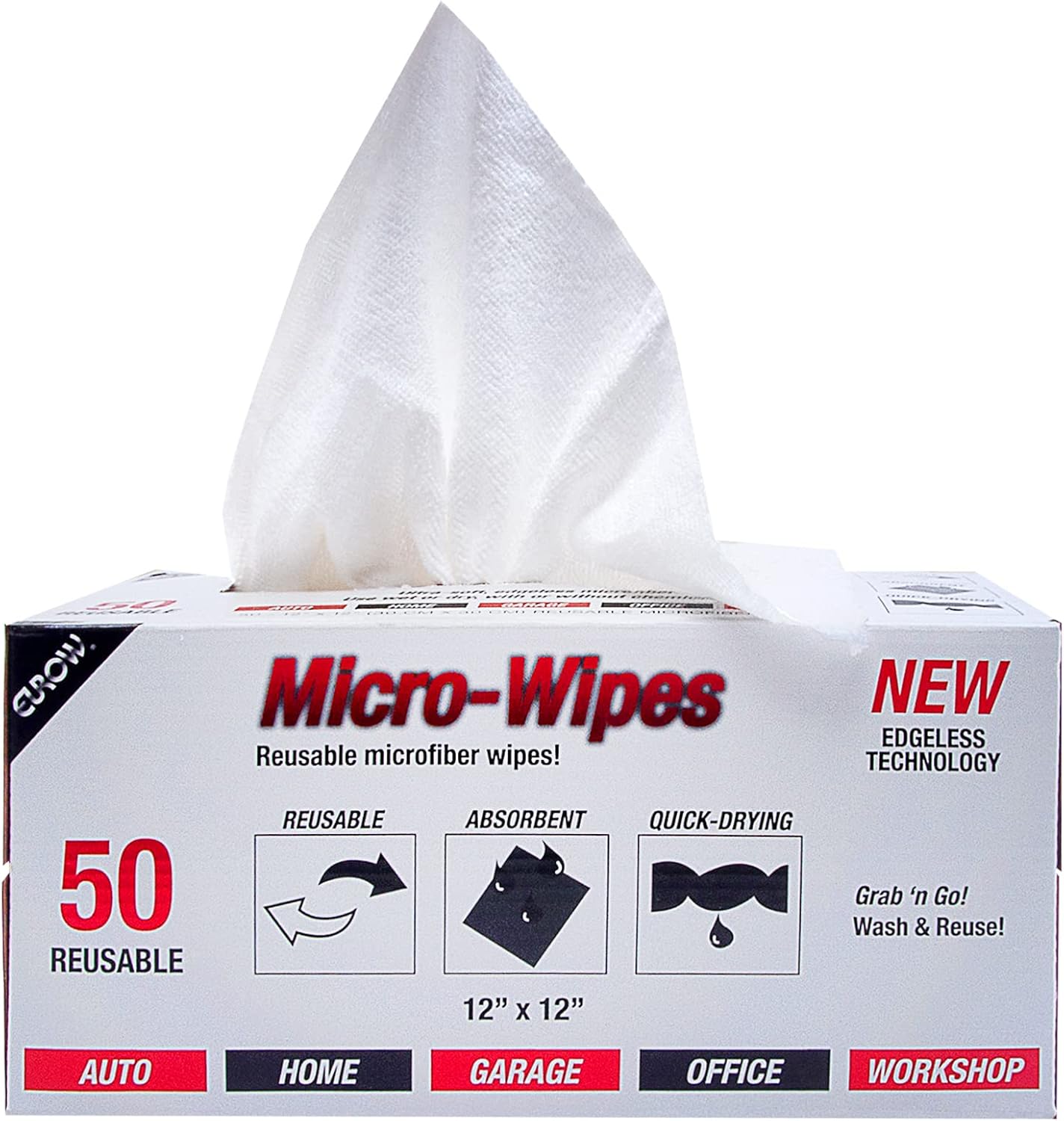 Eurow 200GSM Microfiber Cleaning and Drying Cloths with Dispenser Box, Reusable, Streak-Free, Scratch-Free, Ultra Absorbent, Edgeless for All Surface Types, 12x12in, 50-Pack, White