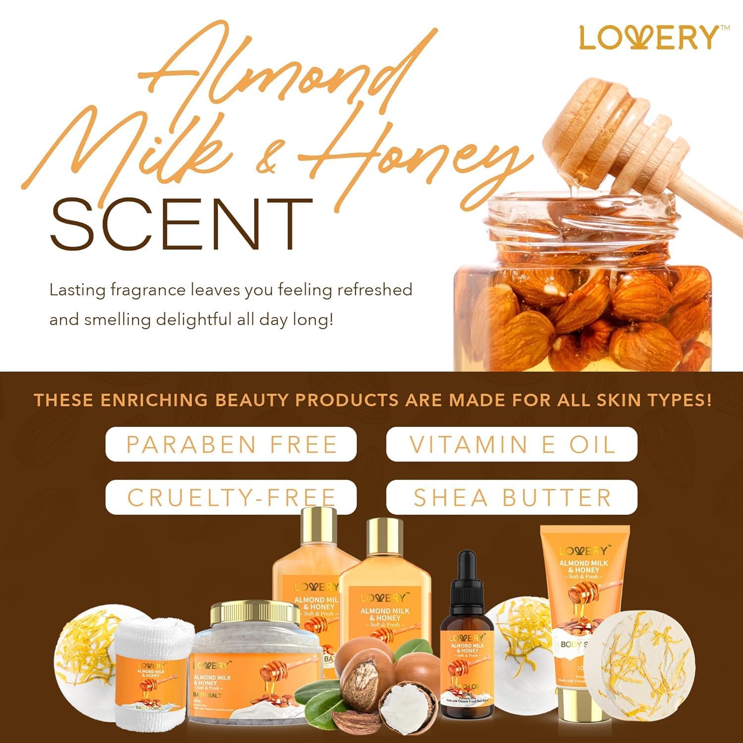 Gifts for Women Gift Basket for Women - 10 Pc Almond Milk & Honey Beauty & Personal Care Set - Home Bath Pampering Package for Relaxing - Spa Self Care Kit - Birthday, Mom, Anniversary Gift - Image 5