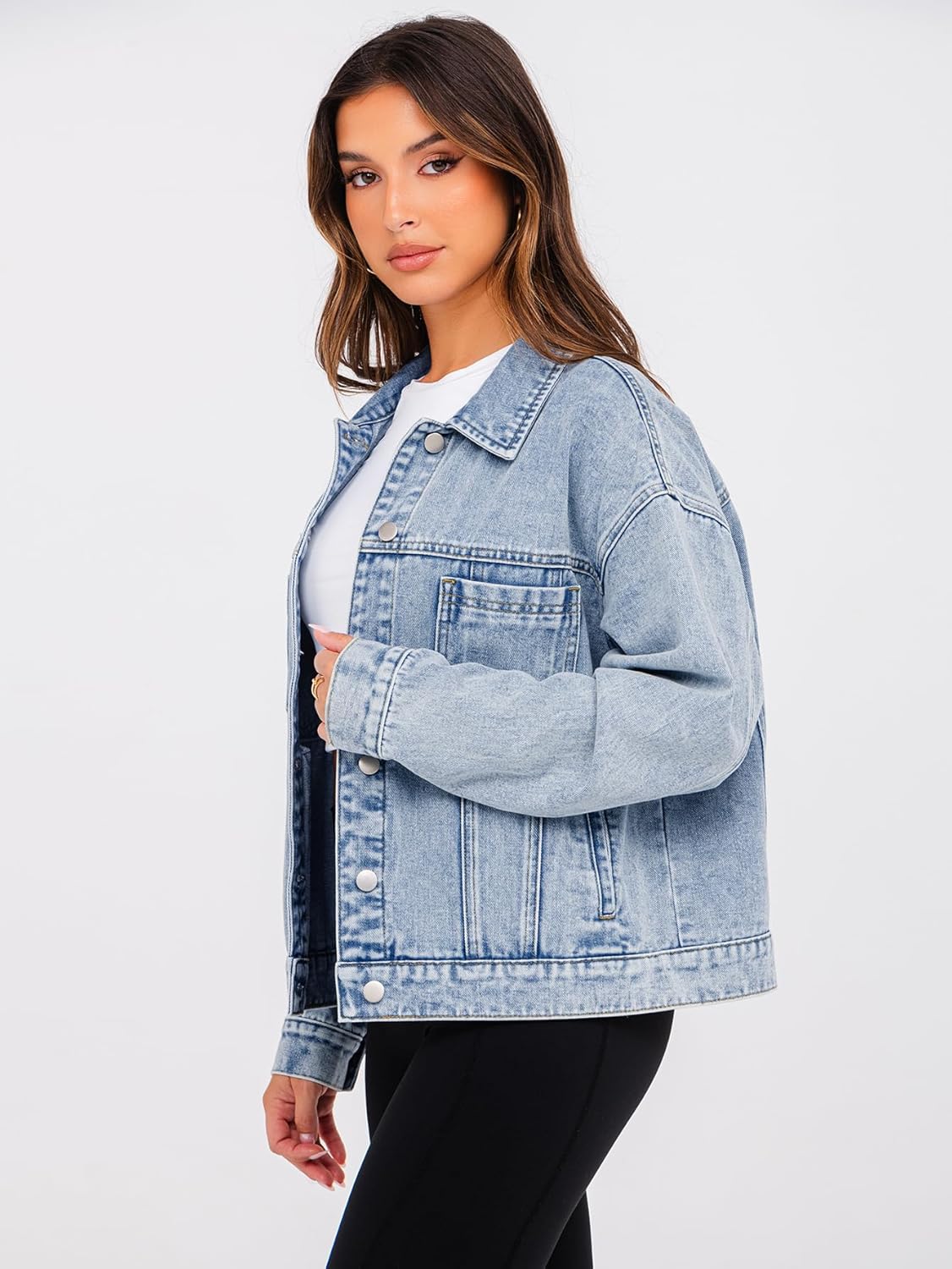 Glamaker Womens Oversized Jean Jacket Casual Long Sleeve Button Down Denim Jacket Fall Coat - Image 4