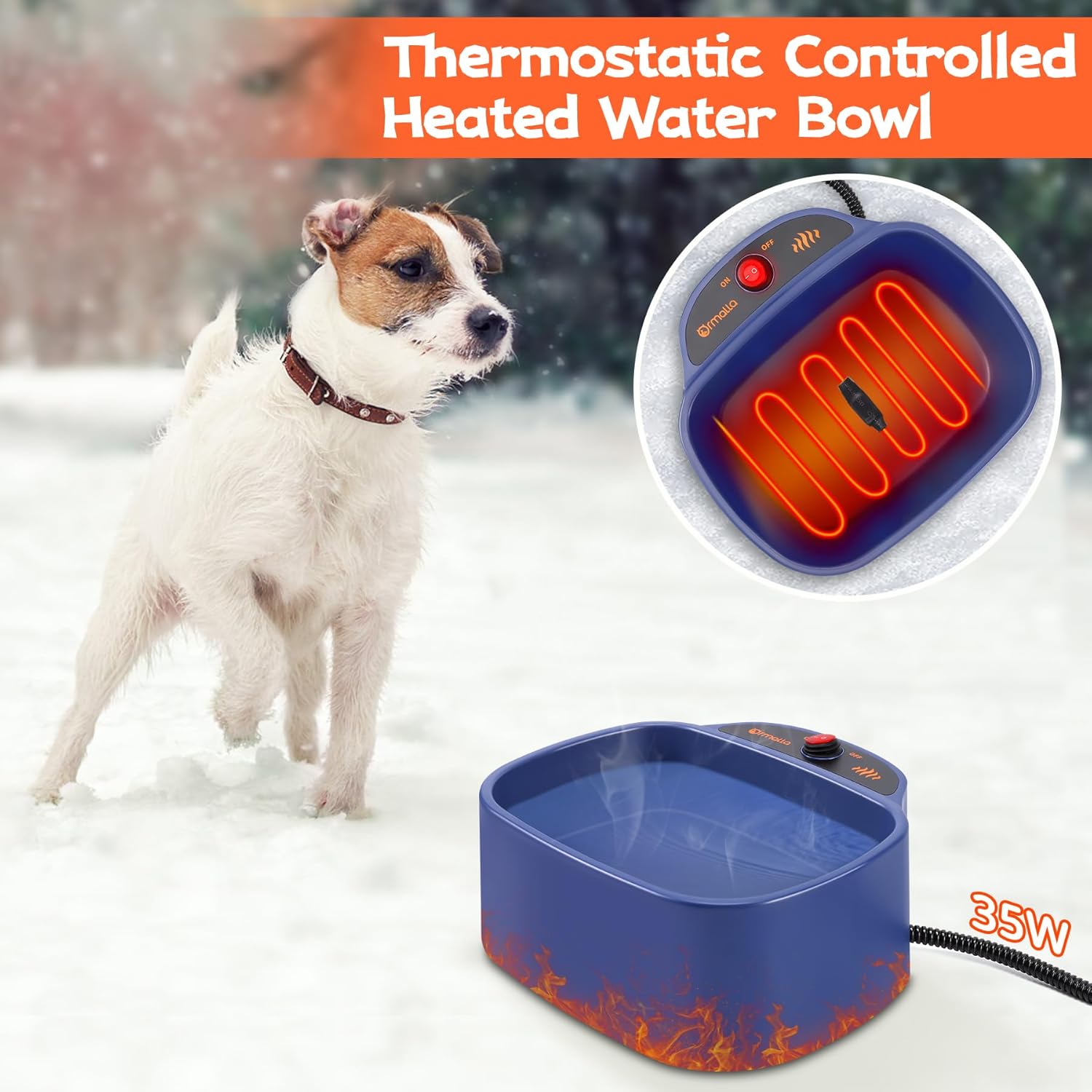 Heated Dog Bowl, 96oz/2.8L Outdoor Heated Water Bowl for Dogs, Cats, Chickens and Squirrels, Heated Pet Bowl with Chew Resistant Power Cord and ON/Off Switch, 35W - Image 3