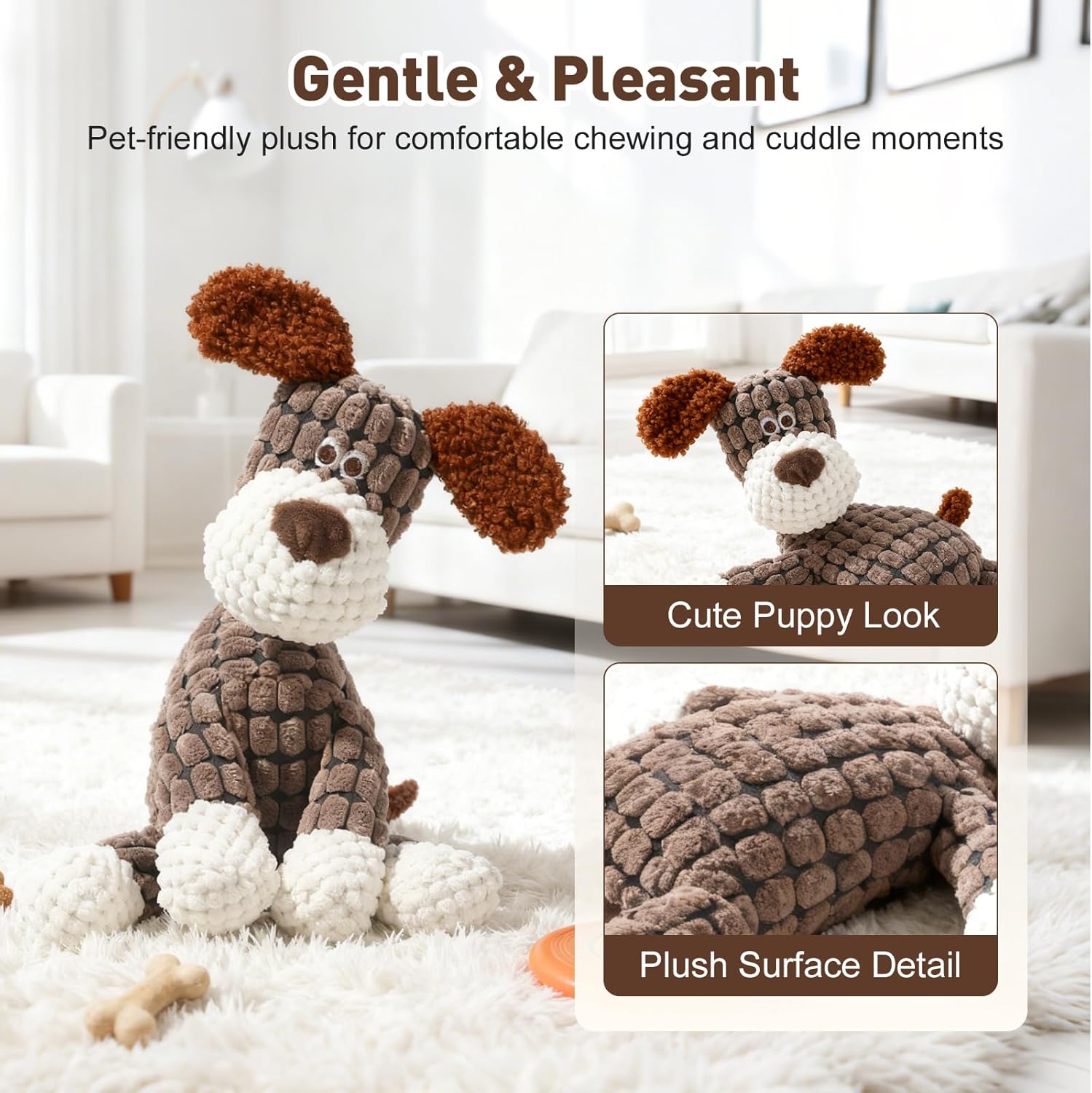 2026 New Dog Toys, Indestructible Plush Dog Toy for Aggressive Chewers, Interactive Squeaky Soft Puppy Chew Toy, Durable Teething Toys for Small Medium Large Dogs (Brown) - Image 3