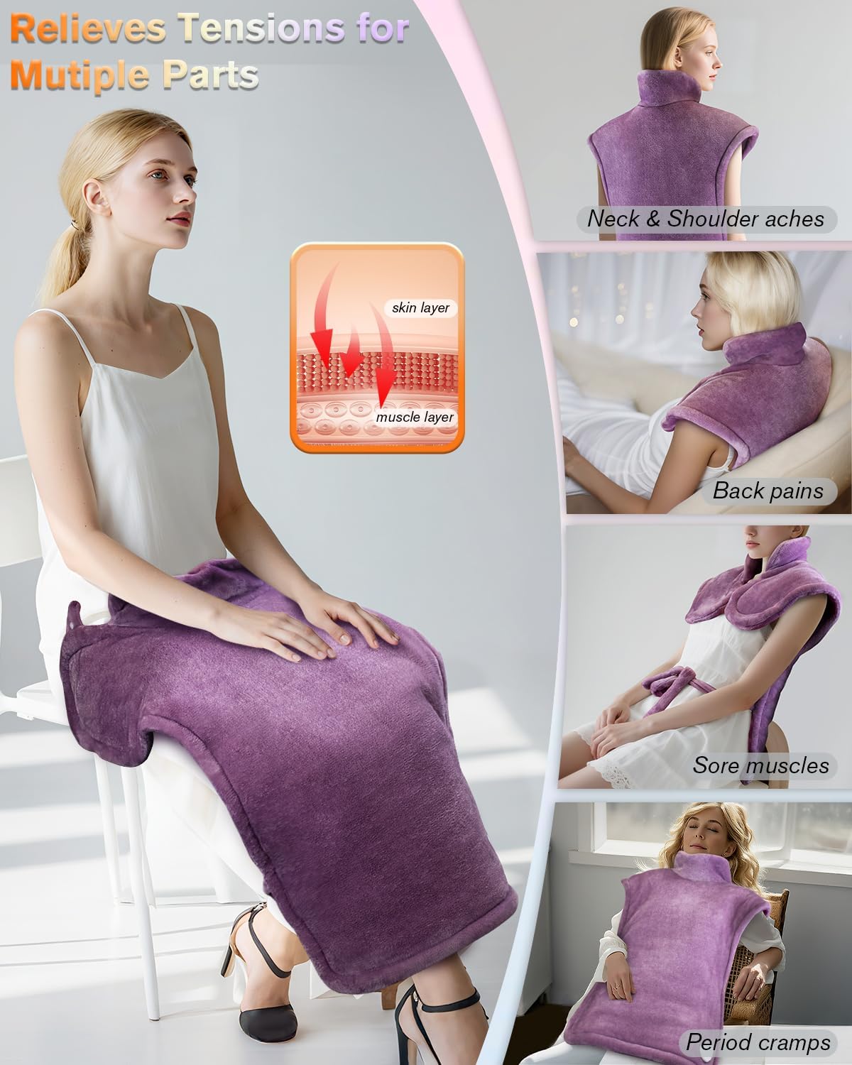 Heating Pad for Neck and Shoulders and Back, Pain Relief Electric Heating Pad Large Size 24”X33” with 4 Timers, 6 Heat Levels, Auto-Off, Mothers Day & Birthday Gifts for Women Mom Wife Grandma, Purple - Image 5