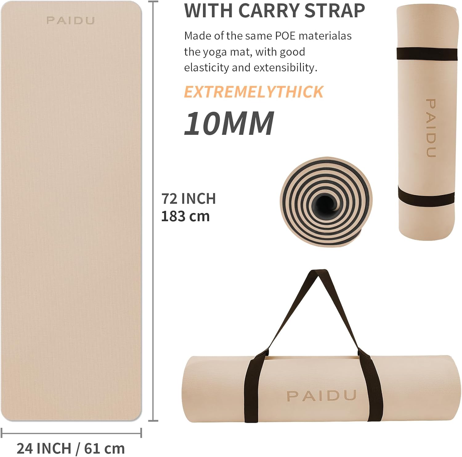 Yoga Mat Non Slip Anti-tear,extra thick-2/5 inch(10MM)High Resiliency Professional POE Yoga Mats for Women Men Kids,72"x24"inch,Workout, Yoga, Pilates and Floor Exercise, with Carrier Strap - Image 2