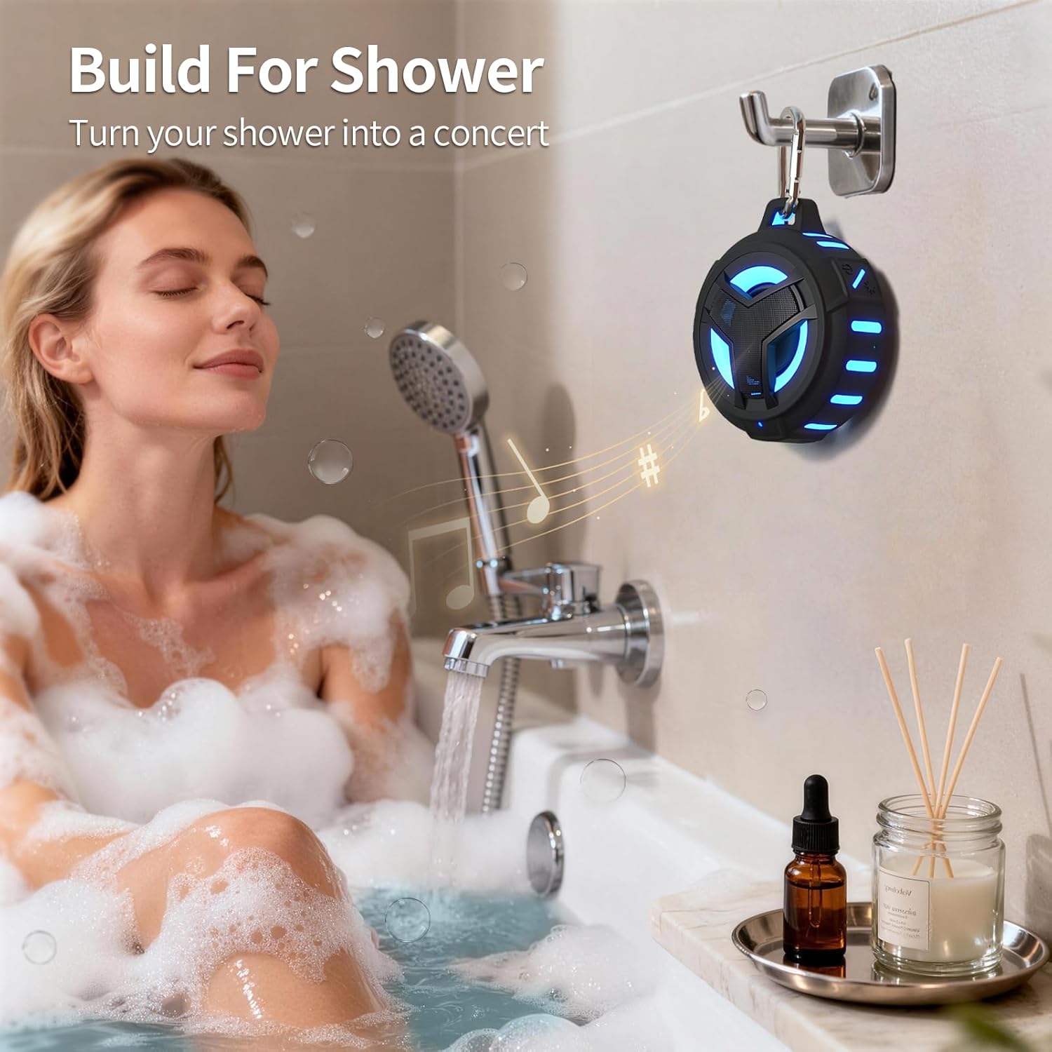 EBODA Bluetooth Shower Speaker, Portable Bluetooth Speakers, IP67 Waterproof Wireless Speaker with LED Light, Floating, 2000mAh, True Wireless Stereo for Kayak, Beach, Gifts for unisex -Black - Image 3