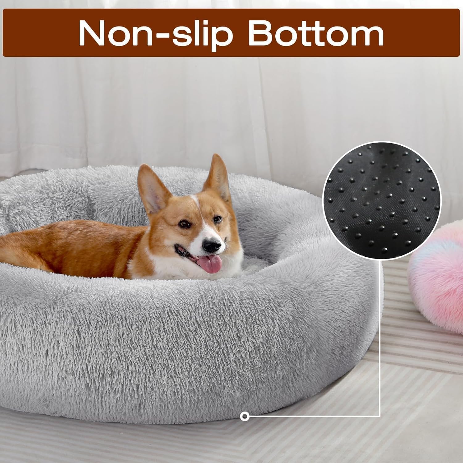JOLLYVOGUE Small Dog Bed, Calming Soft Anti-Anxiety Donut Cat Bed, Washable Round Fluffy Cushion for Small and Medium Pets (20") - Image 4