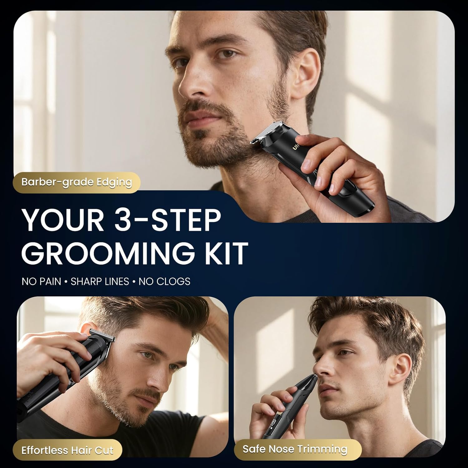 Ufree 3-in-1 Beard Trimmer for Men, Valentine Gifts for Men, IPX6 Waterproof Men's Electric Razor Shaver for Mustache, Professional Hair Trimmer Clippers, Type-C Body Grooming Kit - Image 3
