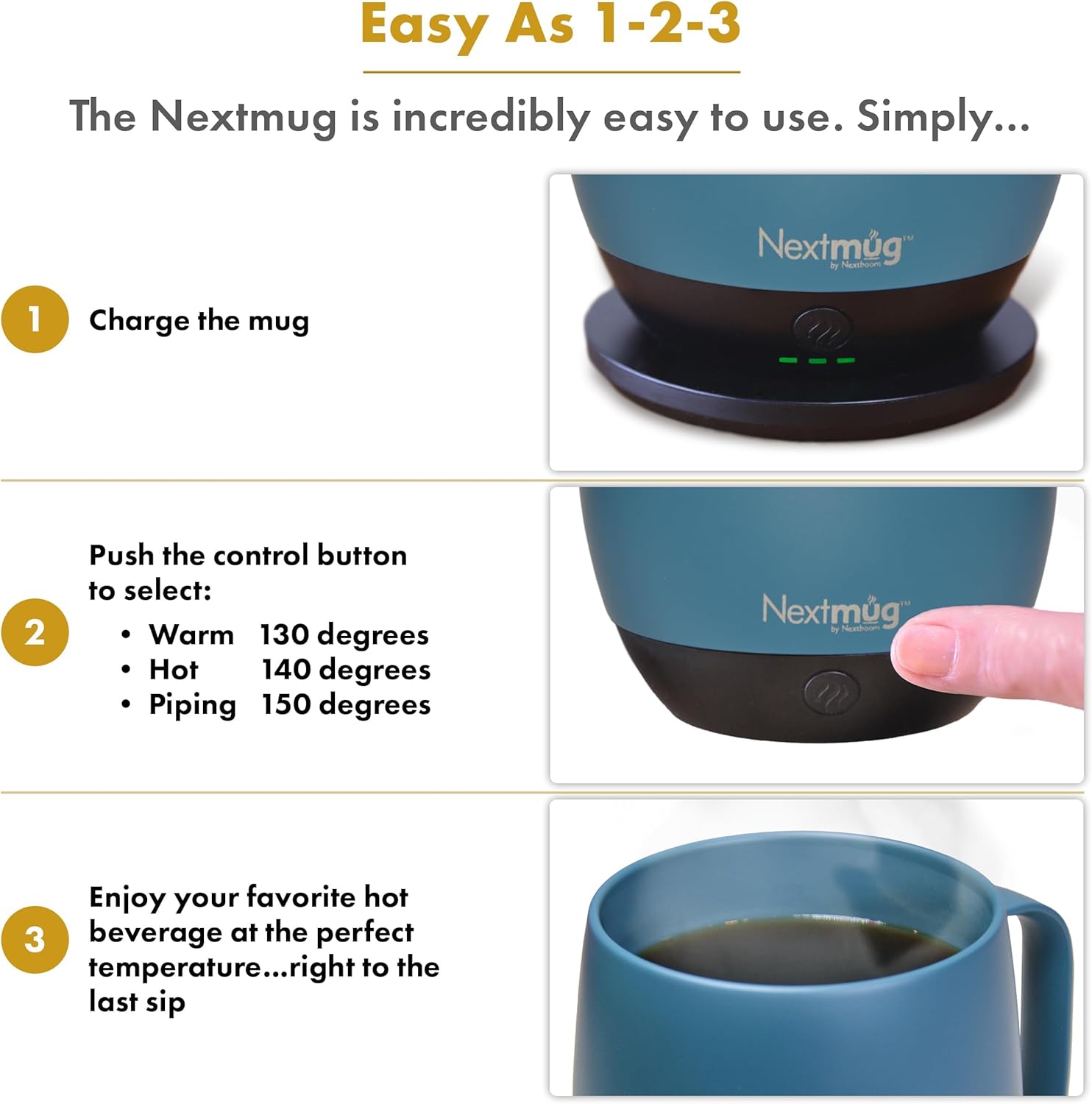 Nextmug Plus (Slate Blue - 18 oz.) Temperature-Controlled, Self-Heating Mug – No App, Long-Lasting Battery for Work & Study, Great Gift for Coffee Lovers - Image 4